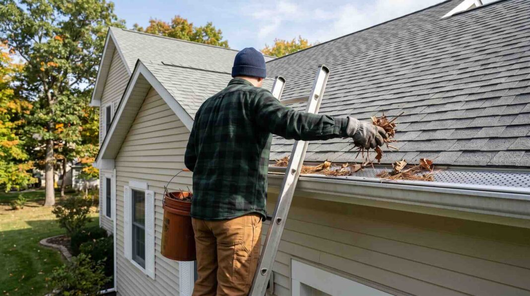 Manually removing dry leaves from a gutter with a guard while standing on a ladder.