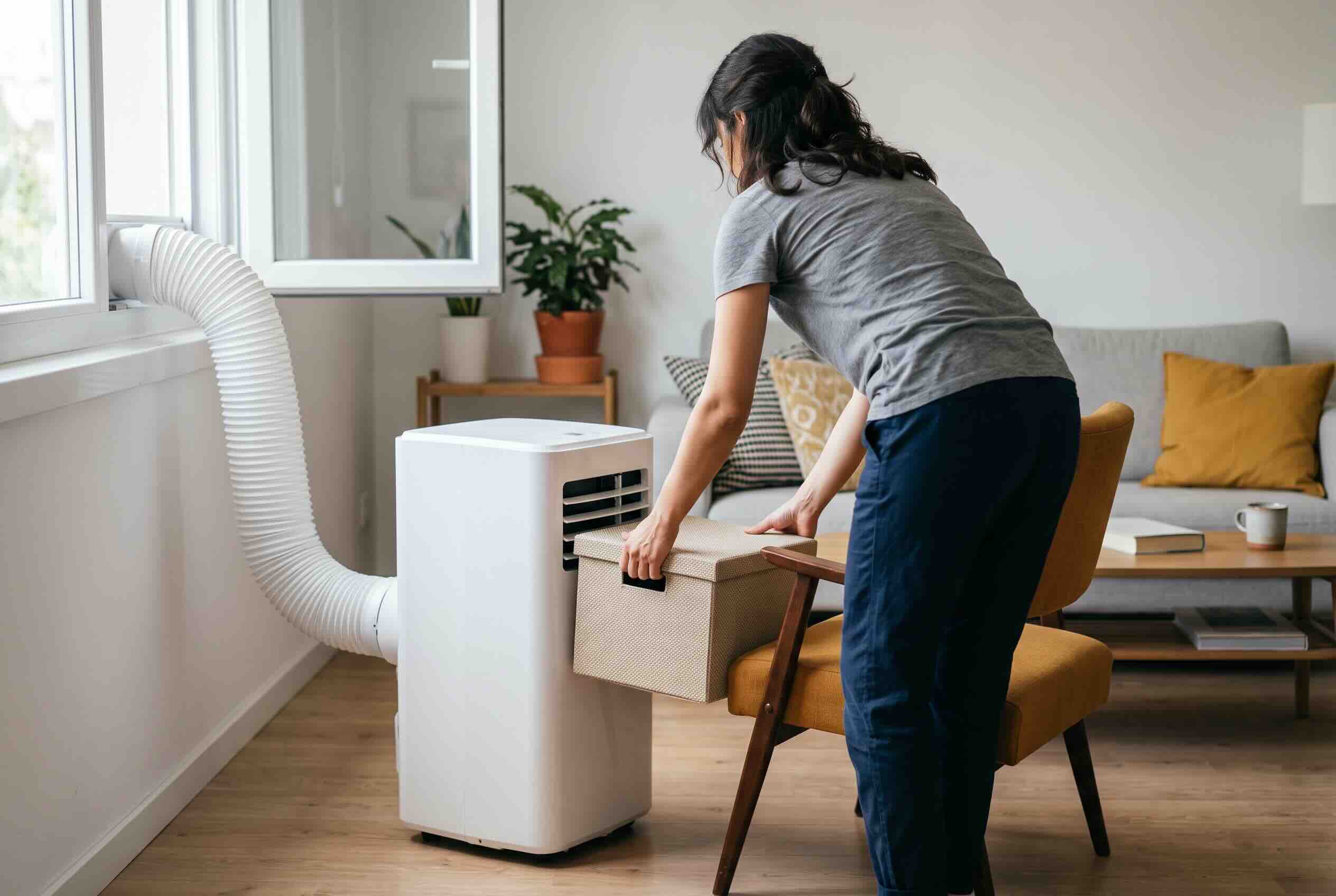 Moving storage boxes away from a portable AC unit to clear the airflow.