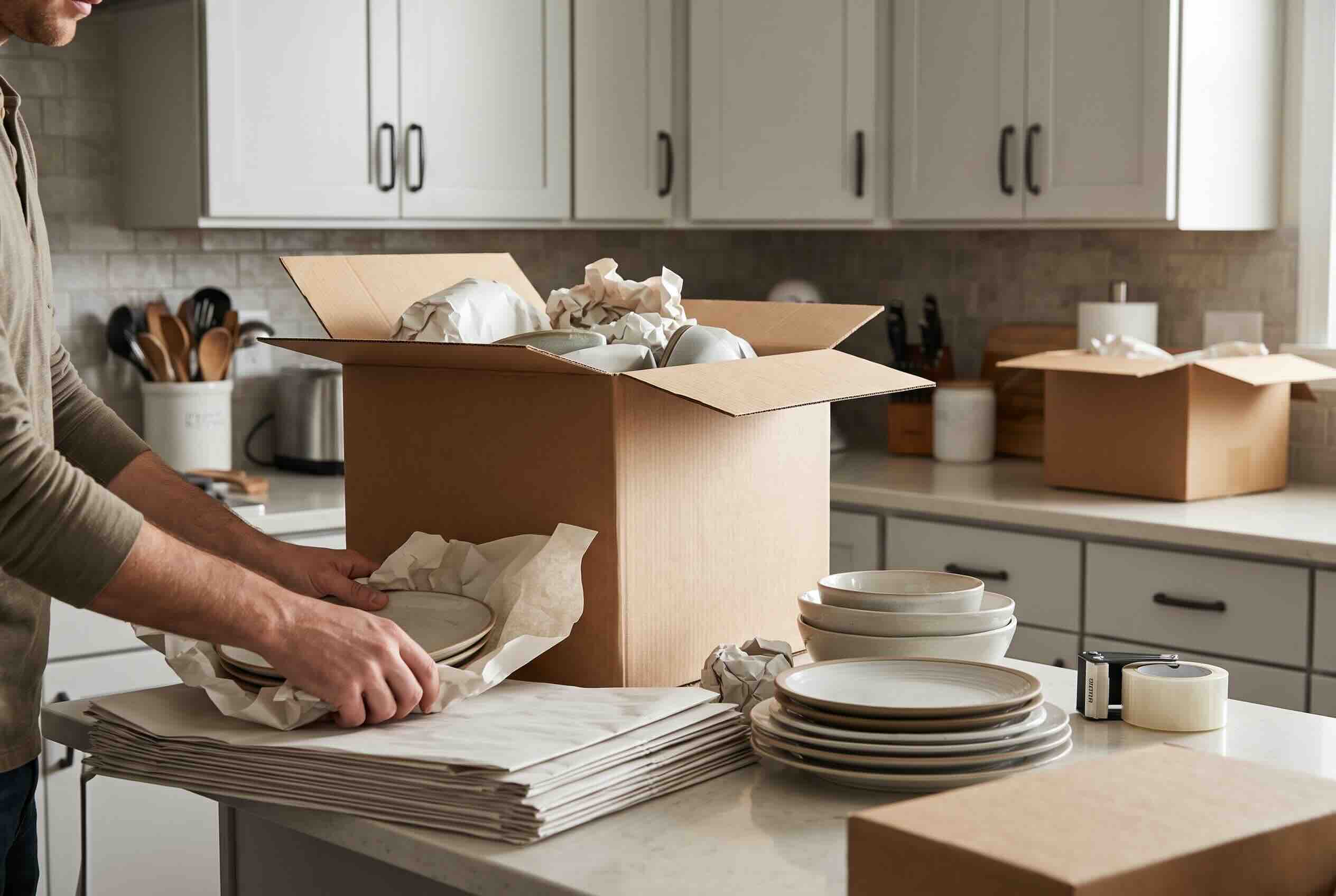 Packing kitchen plates into a cardboard box.