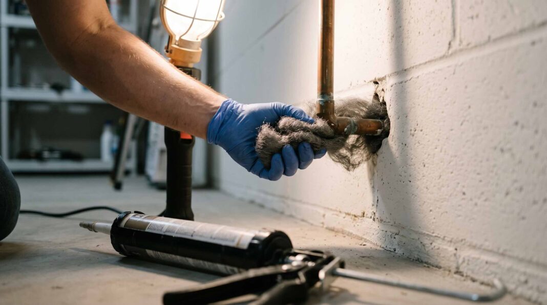 Packing steel wool around a copper pipe before applying sealant from a caulking gun.