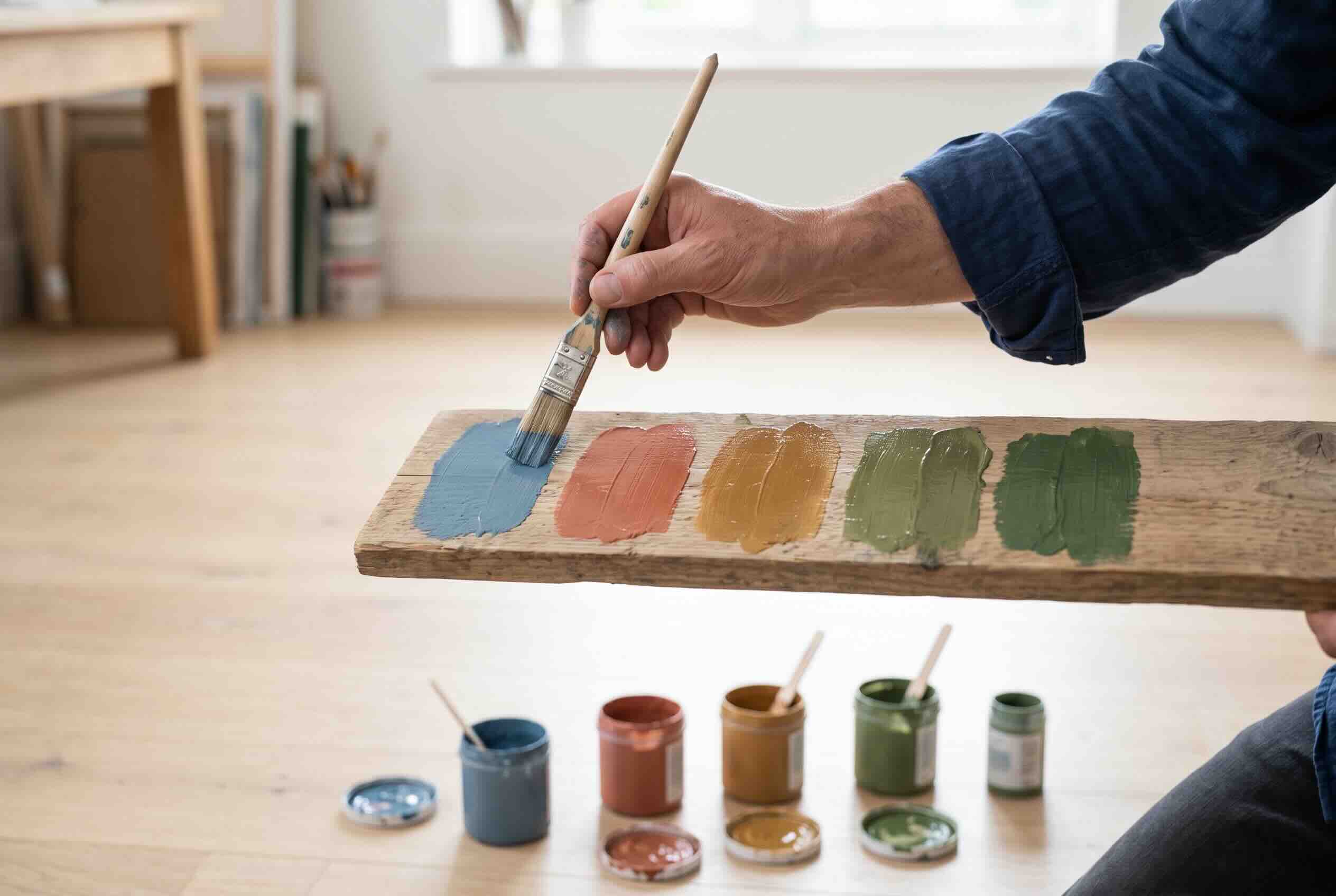 painting color swatches onto a wooden board using small sample pots.