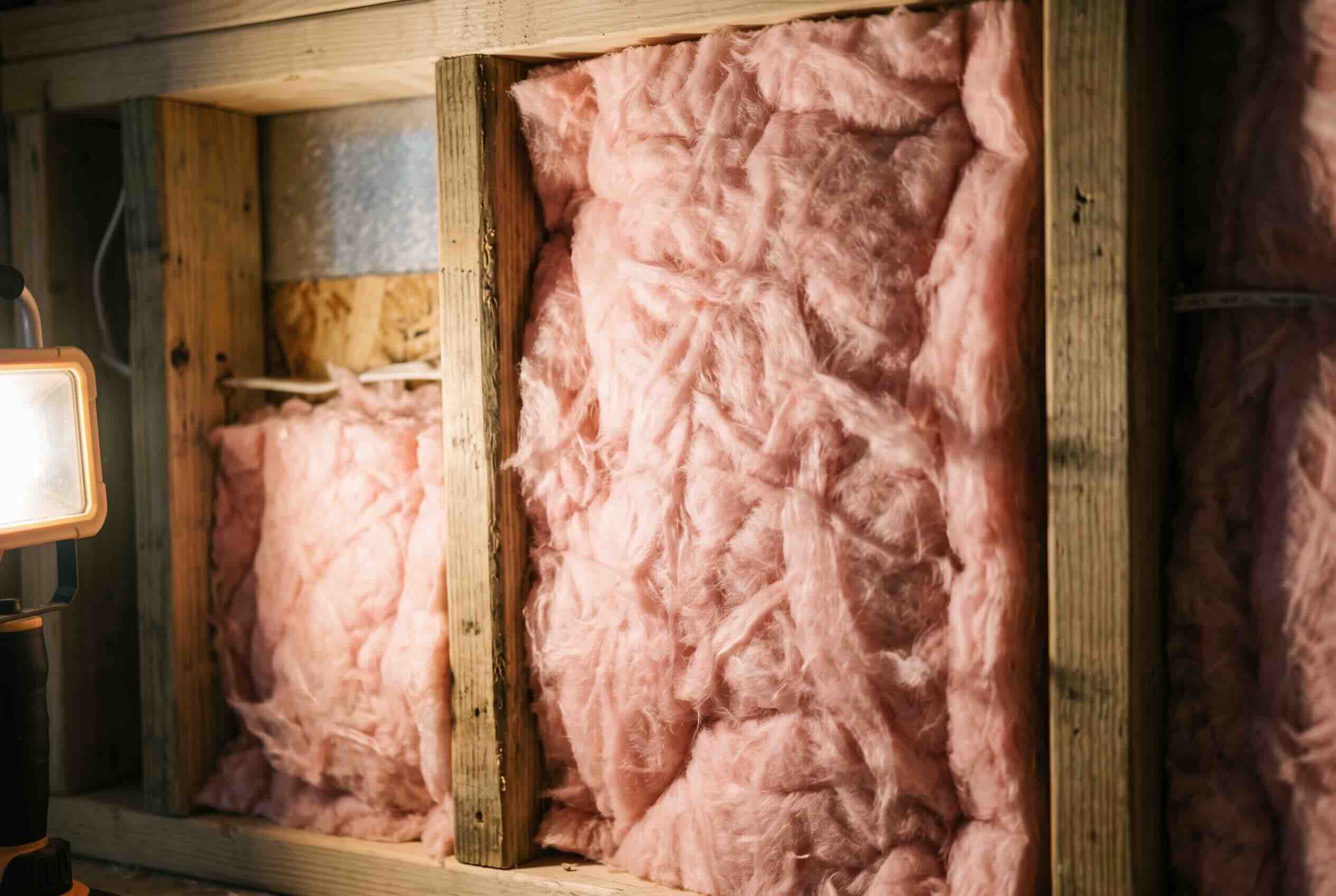 Pink, loosely packed fiberglass insulation batts tucked into wall framing cavities.