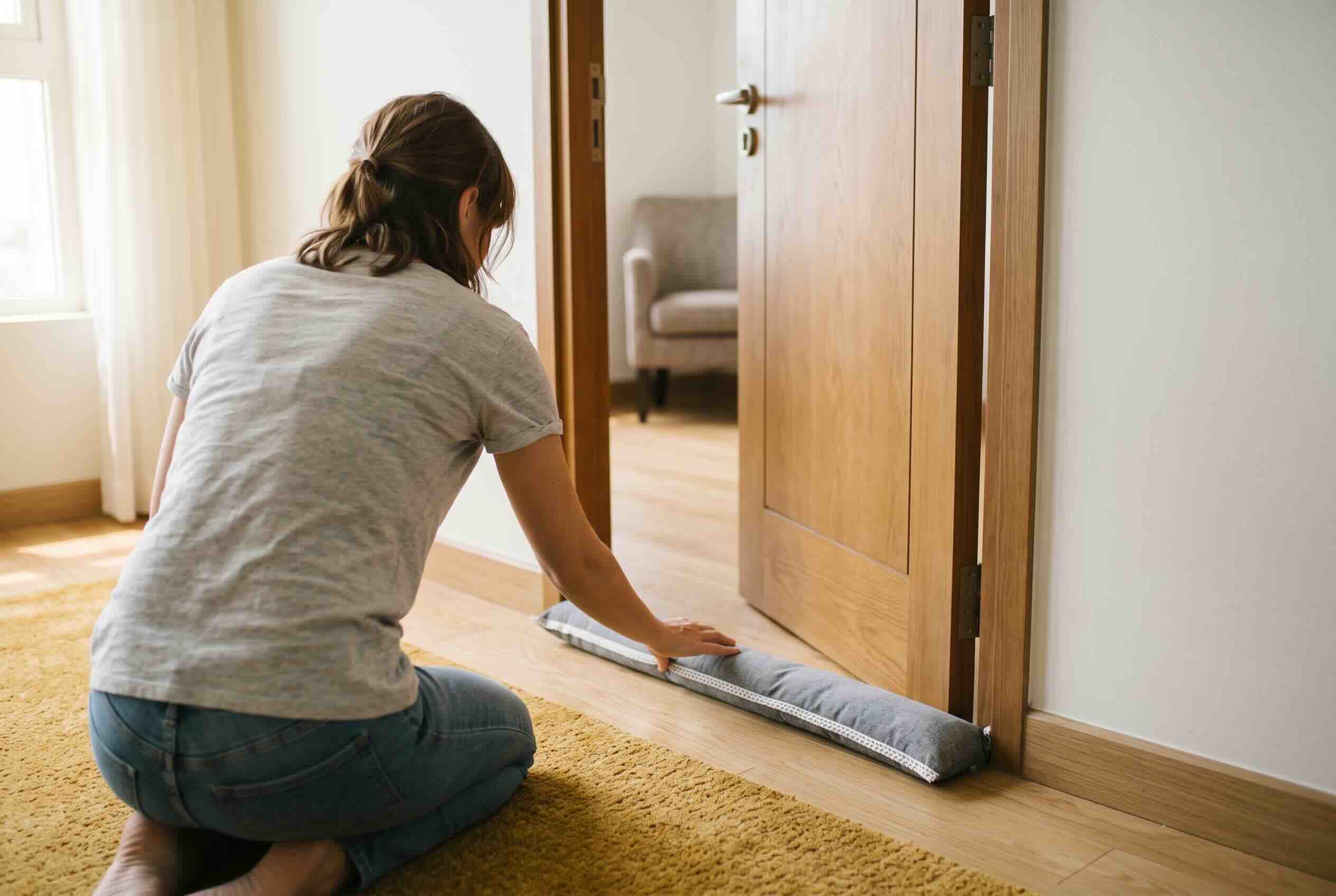 Placing a fabric draft stopper at the base of a wooden door.