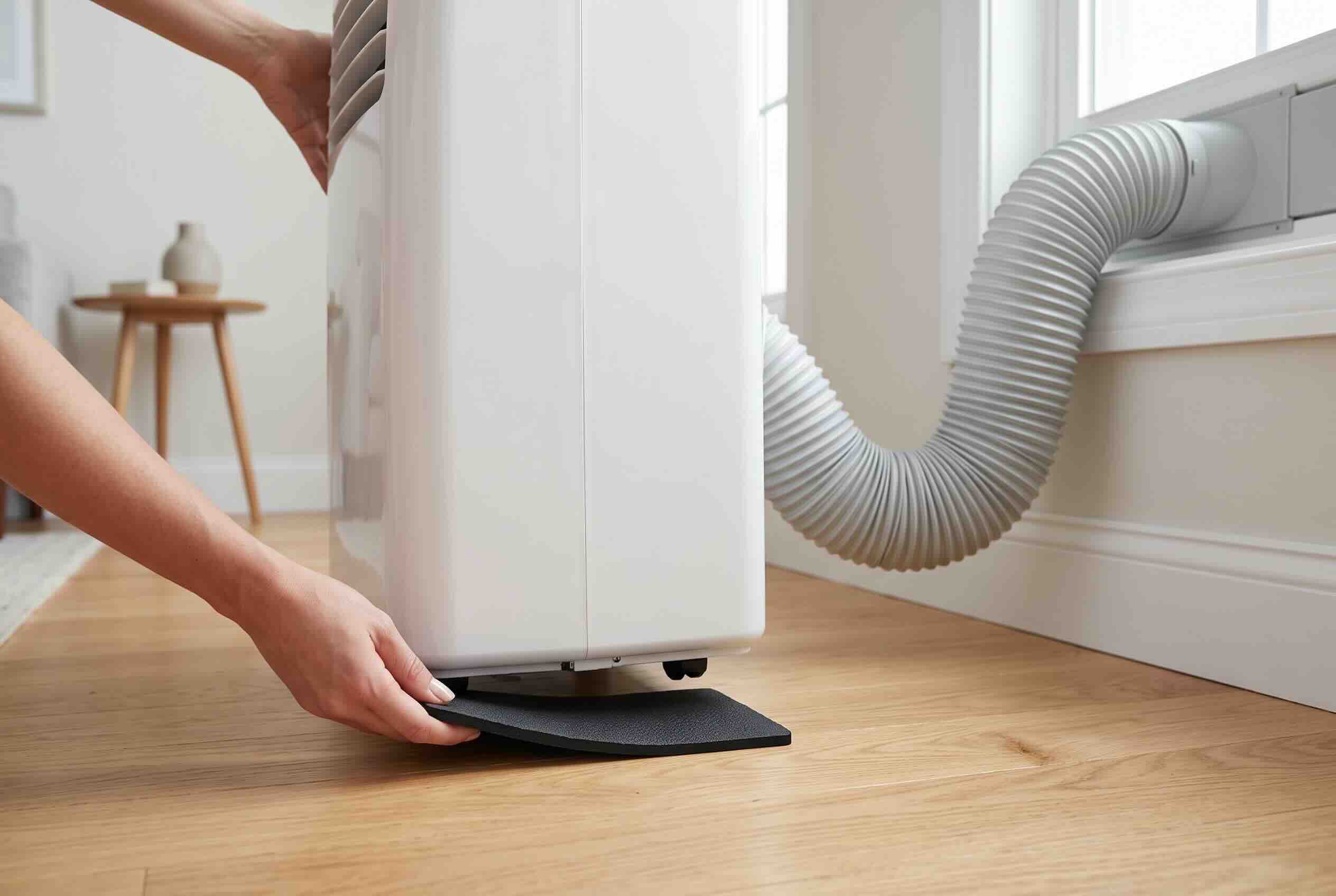 Placing an anti-vibration pad under the corner of a portable air conditioning unit.