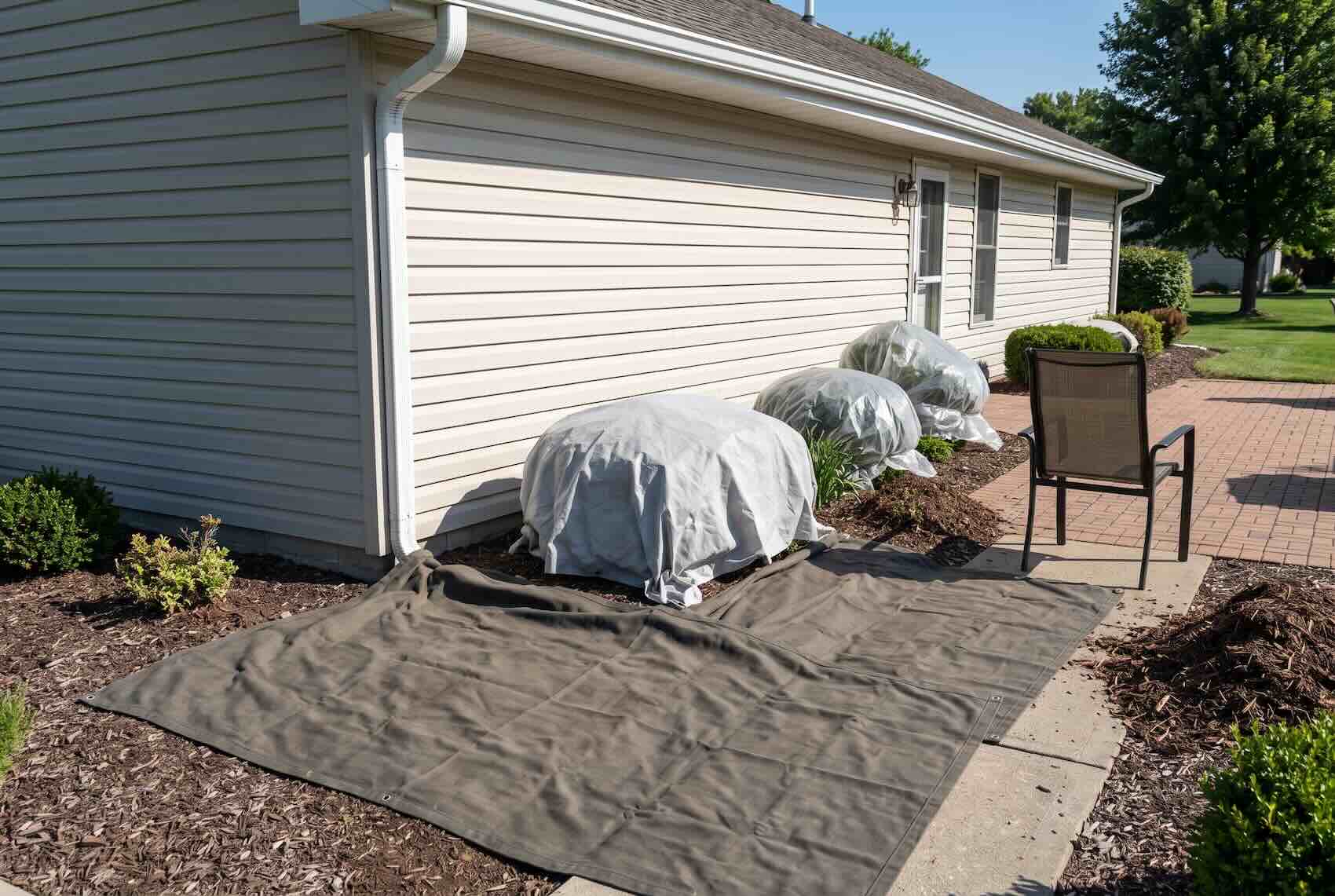 Protective tarps and drop cloths covering patio furniture and landscaping next to a house foundation.