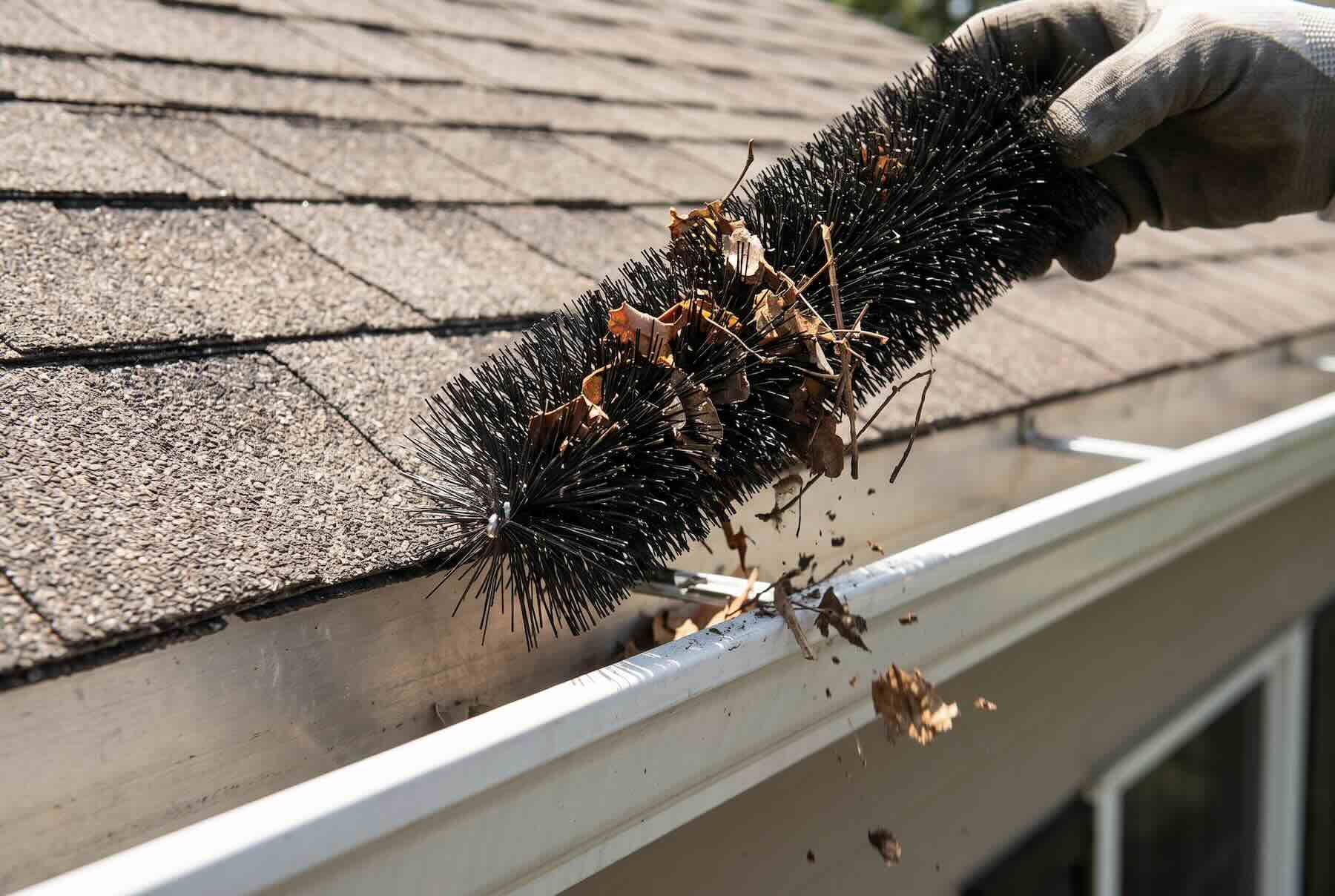Pulling a bristle brush gutter guard covered in dry leaves out of a gutter.