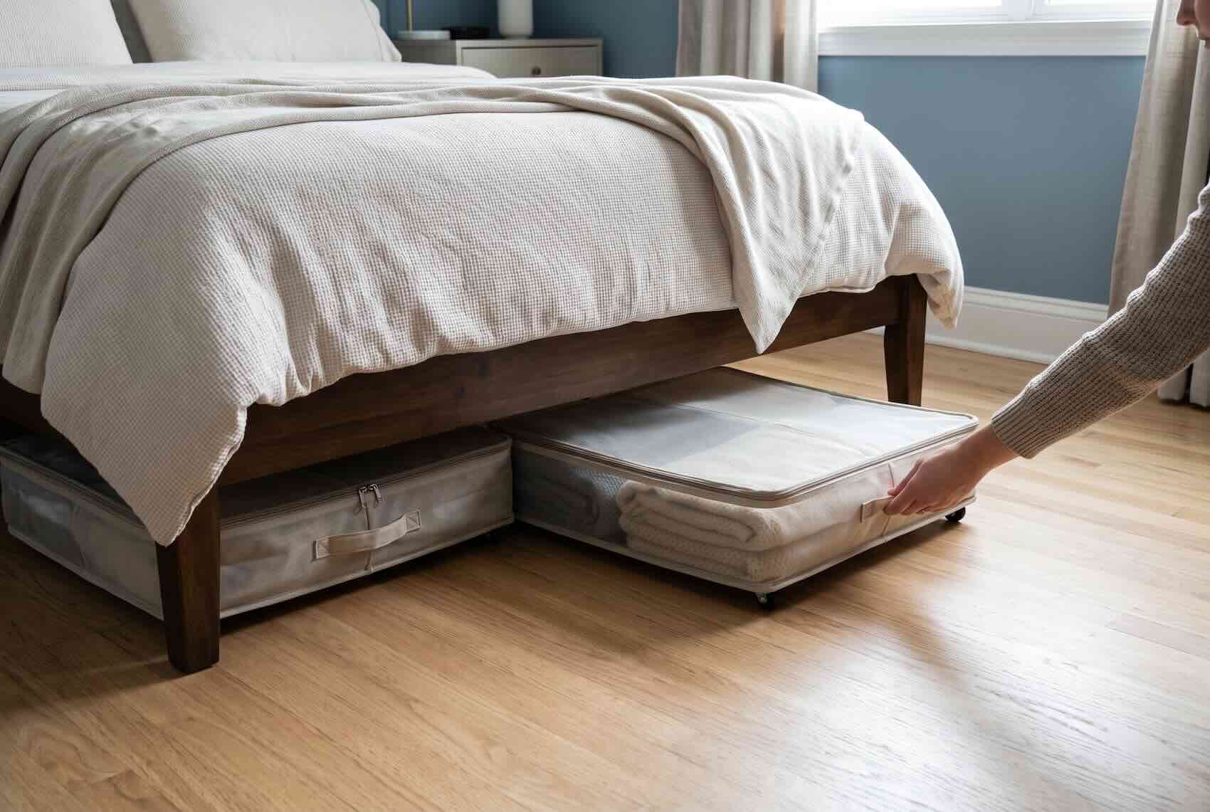 Pulling a fabric storage container from underneath a wooden bed frame.