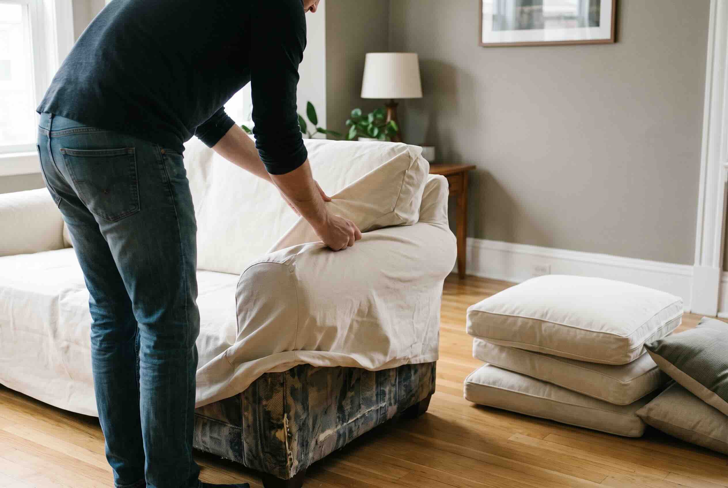 Pulling a light-colored slipcover over a worn sofa.