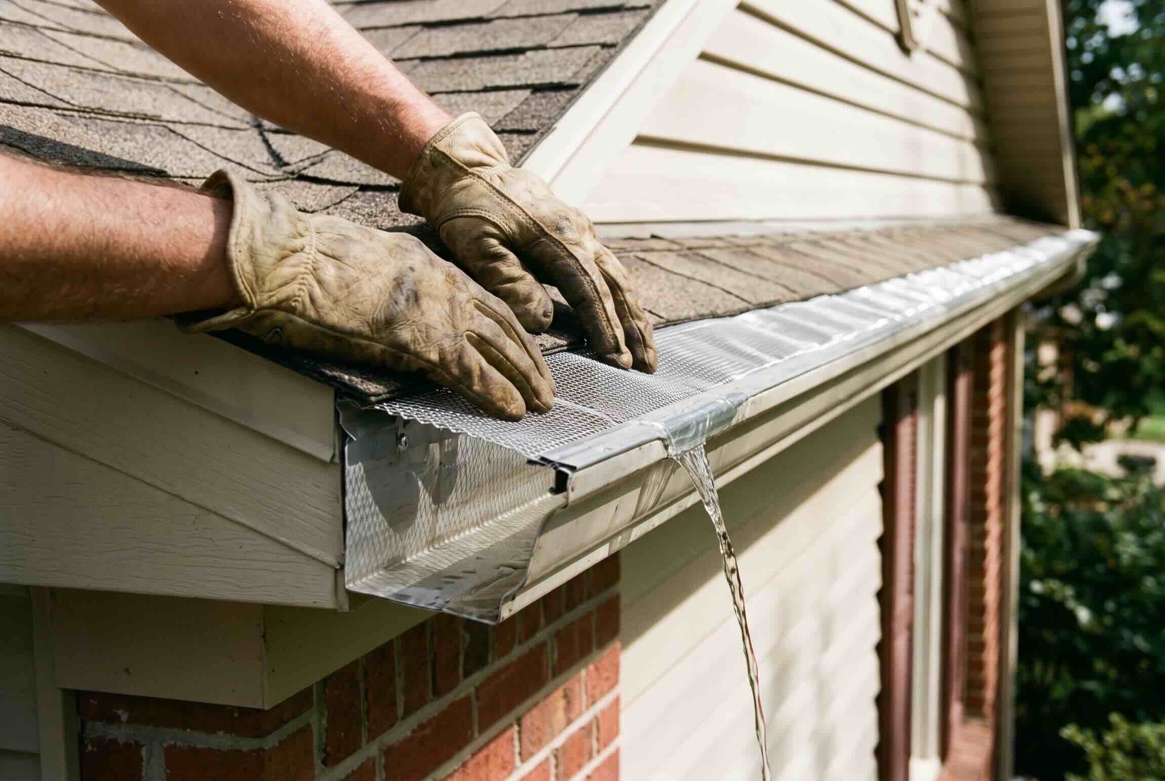 Reattaching a metal gutter guard panel after cleaning the trough.