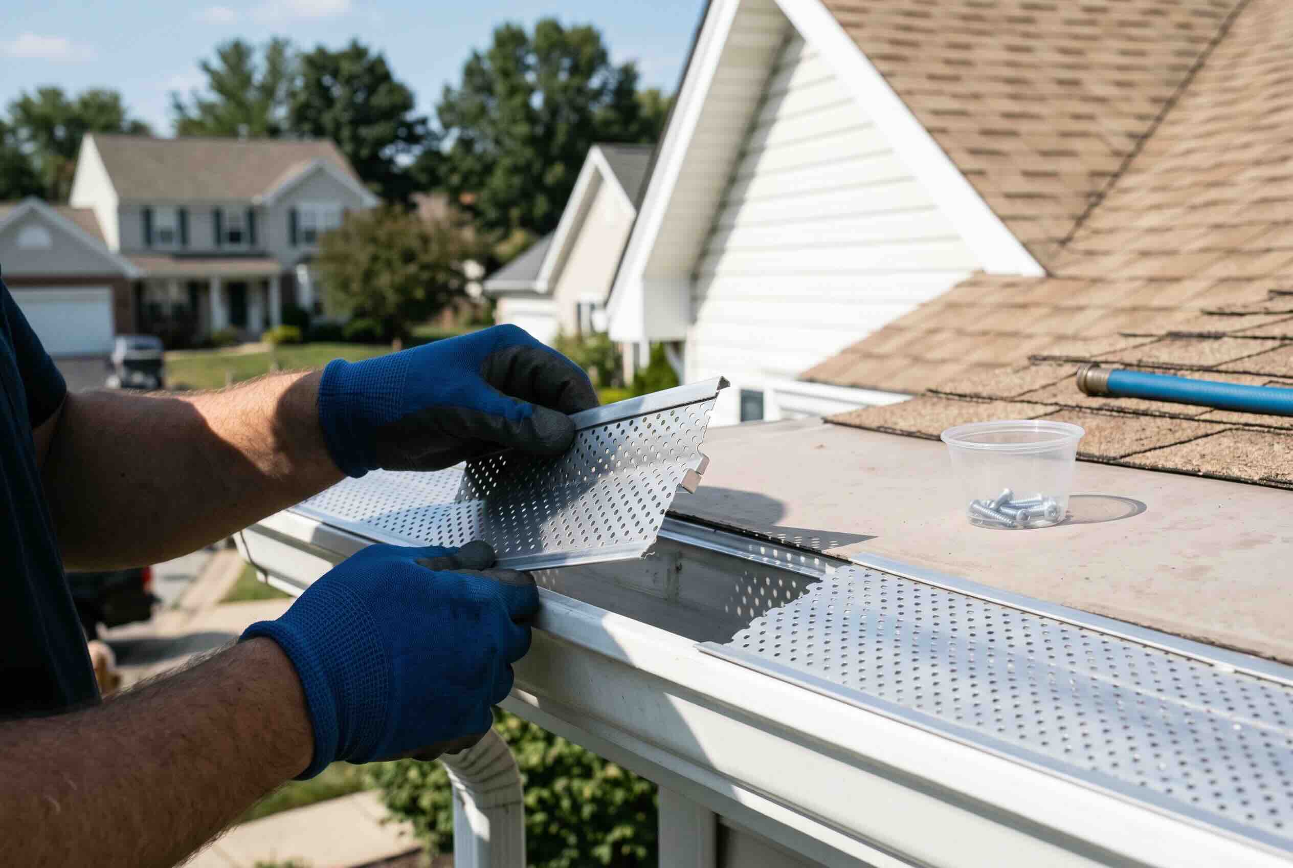 Removing a section of metal gutter guard to inspect and clean the trough beneath.