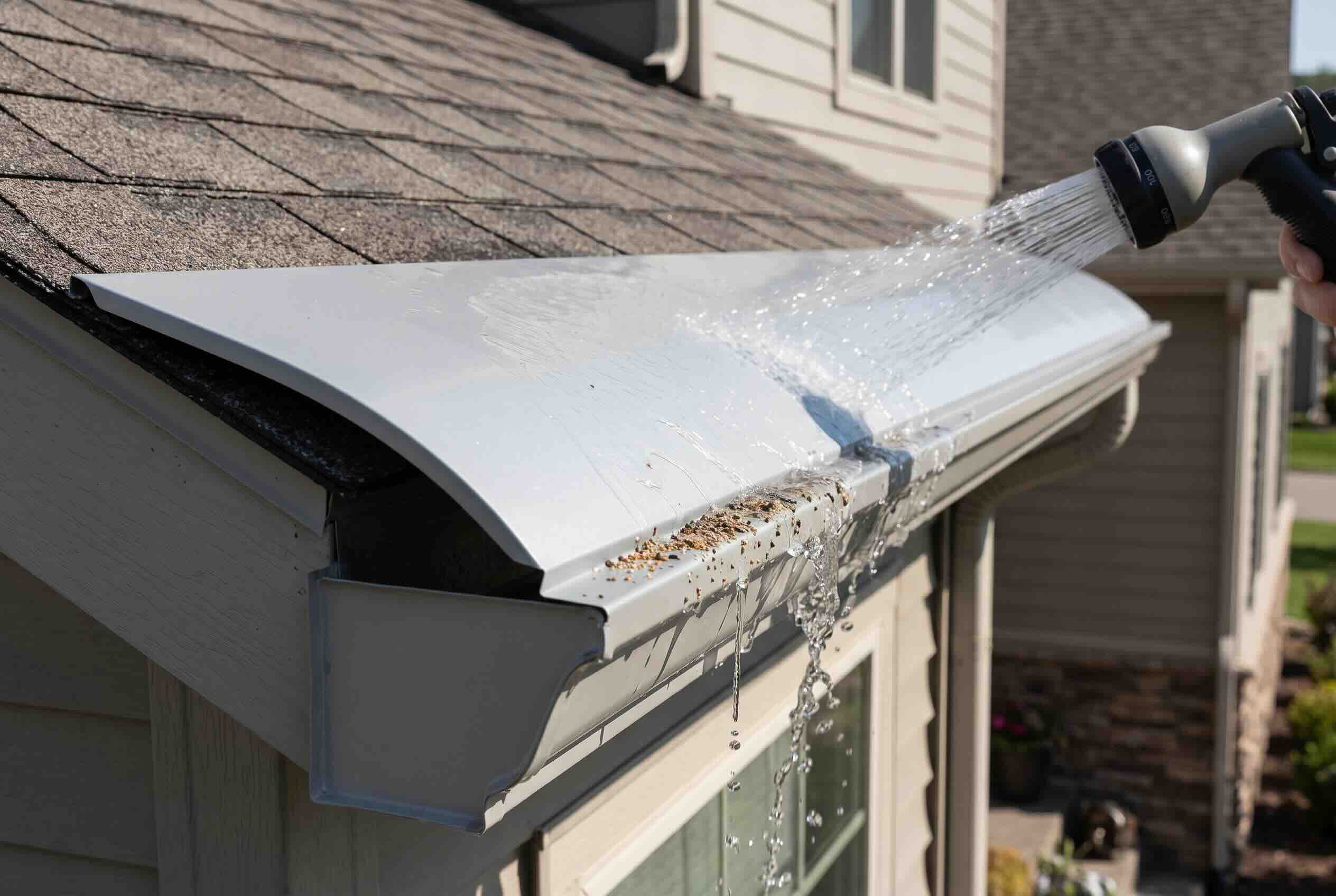 Rinsing debris off the curved surface of a reverse-curve gutter guard with a hose.