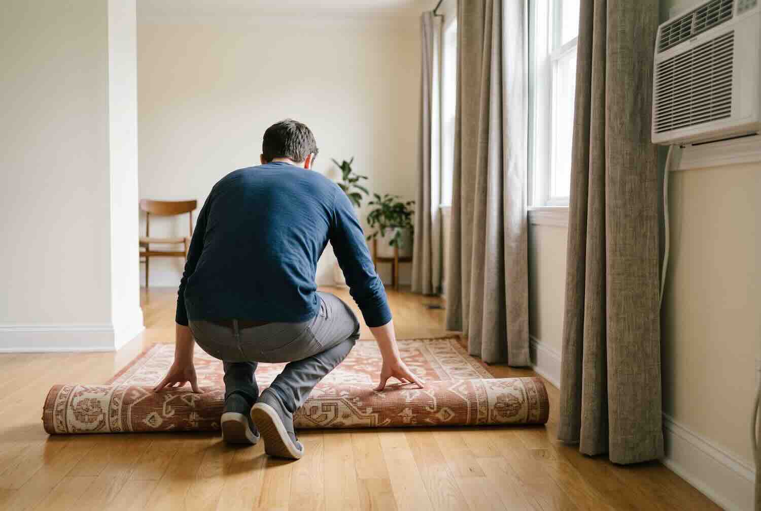 Rolling out a thick area rug on a hardwood floor to absorb sound.