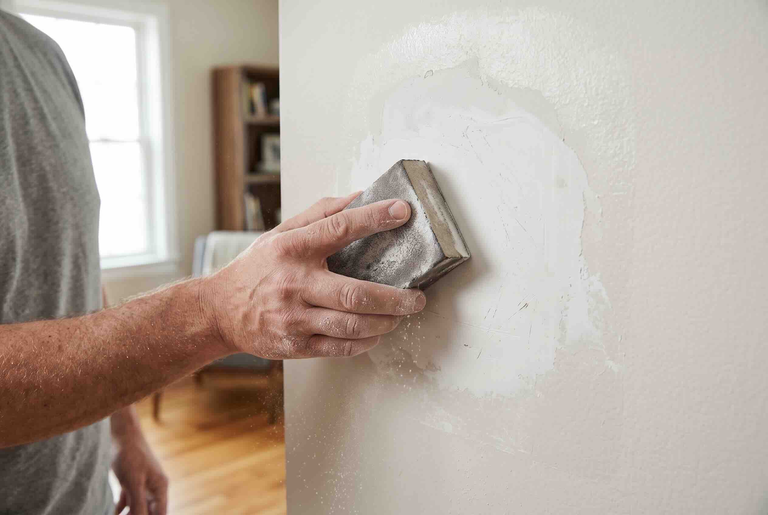 Sanding a patched area of the wall smooth with a sanding block.