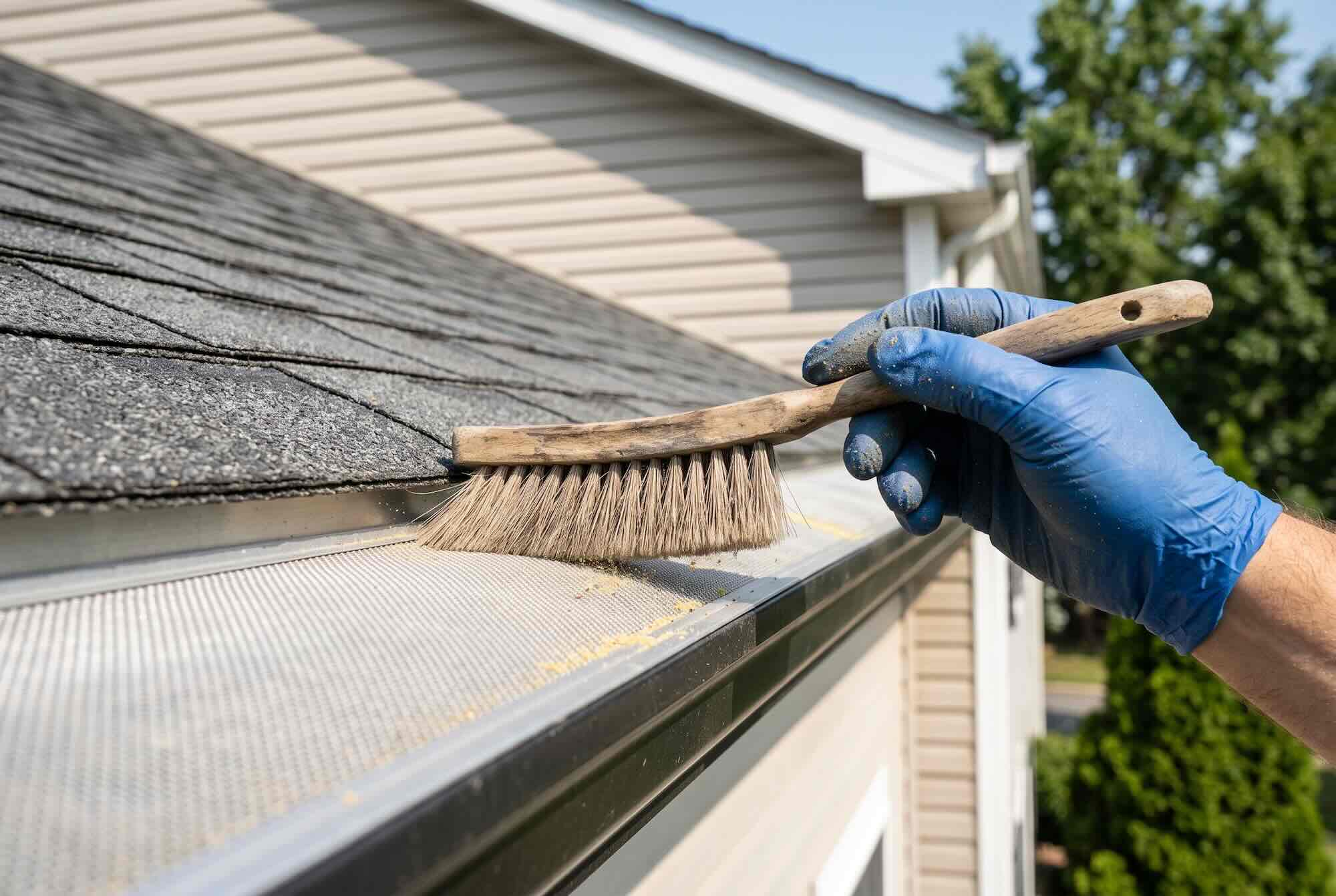 Scrubbing dirt off a micro-mesh gutter guard with a small brush.