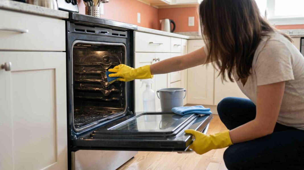 Scrubbing the interior racks of a stainless steel oven while wearing yellow rubber gloves.