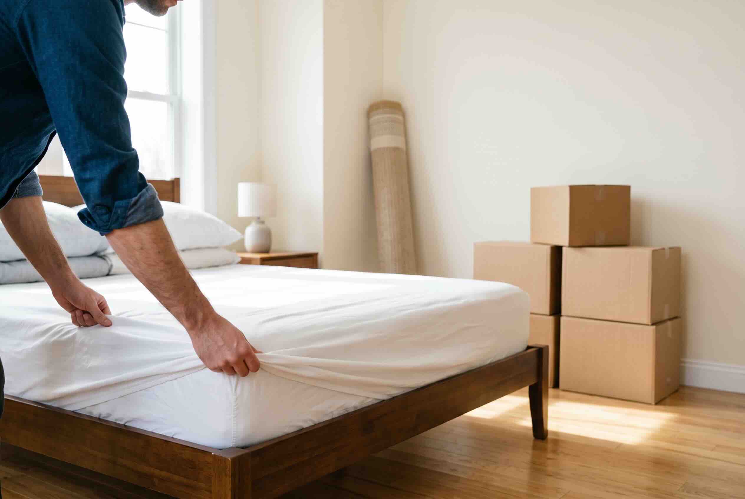 Setting up his bed and pulling a fitted sheet over the mattress.