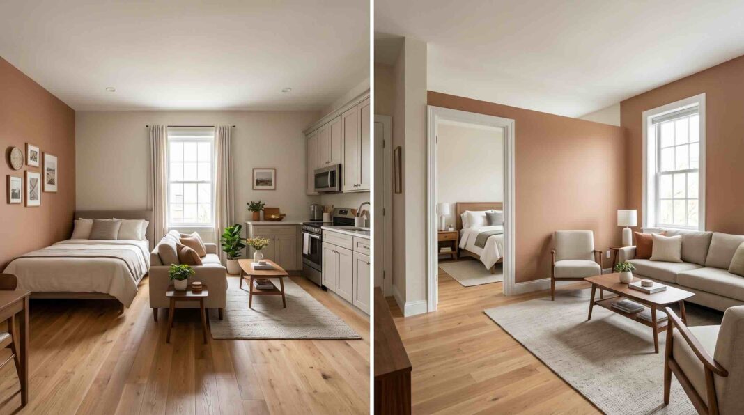 Side-by-side comparison of an open studio apartment layout and a one-bedroom apartment with a separate walled bedroom.