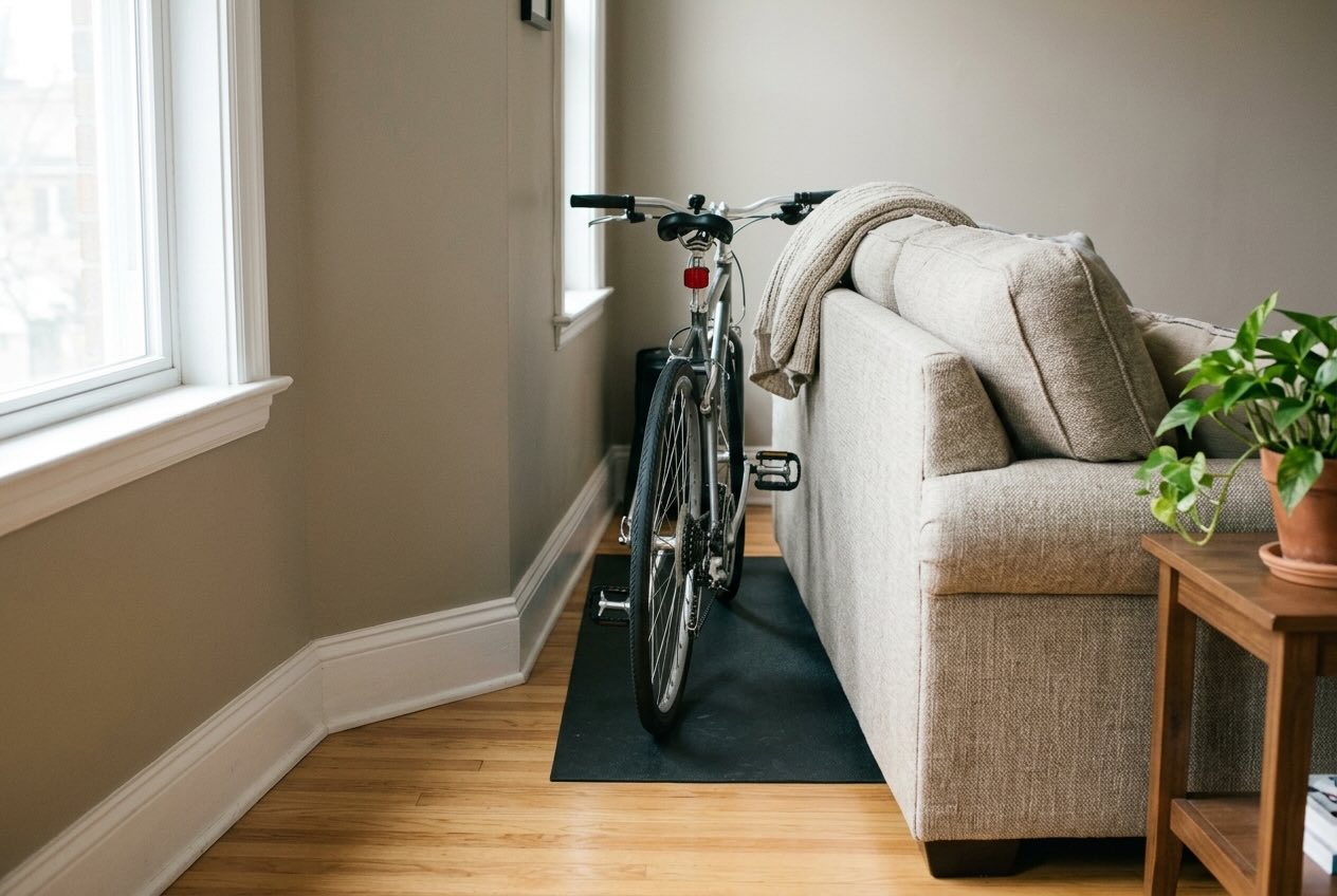 Sliding a bicycle into the narrow gap between a light grey sofa and the wall.