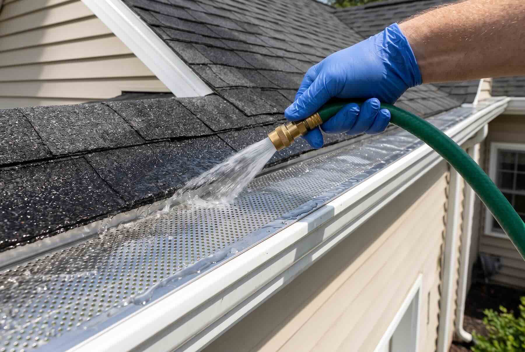 Spraying water from a hose to rinse and test drainage on a metal gutter guard.