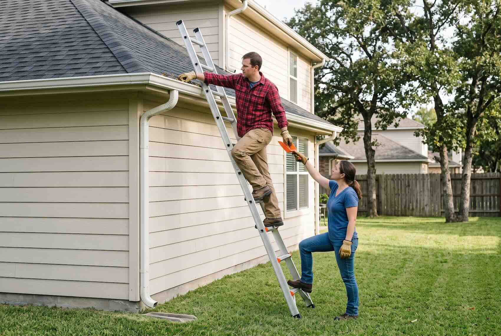 Stabilizing the base of a ladder from the ground during gutter cleaning.