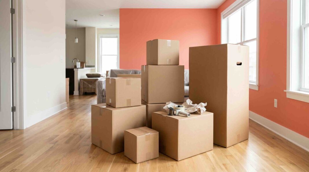 Stacked moving boxes in an empty living room.