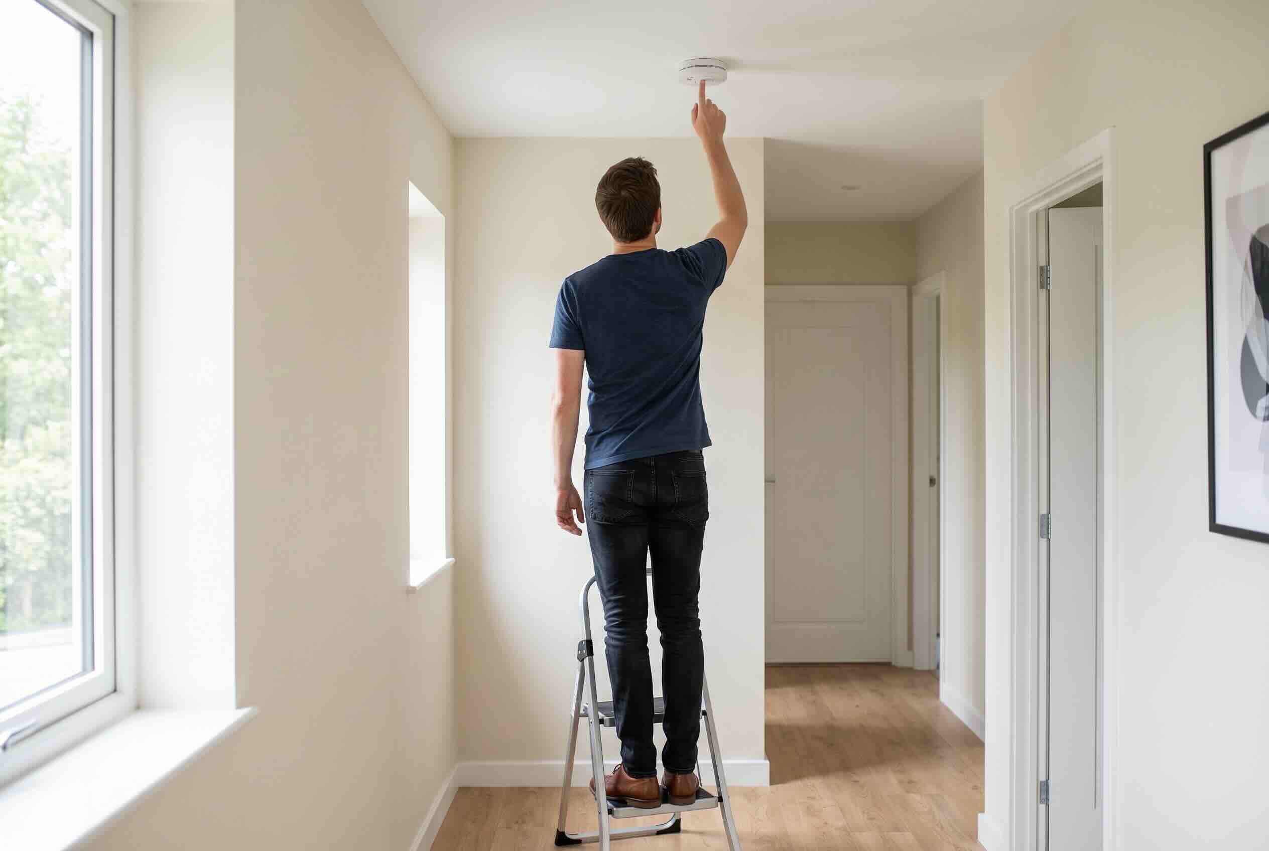 Standing on a step ladder to test a ceiling smoke detector.