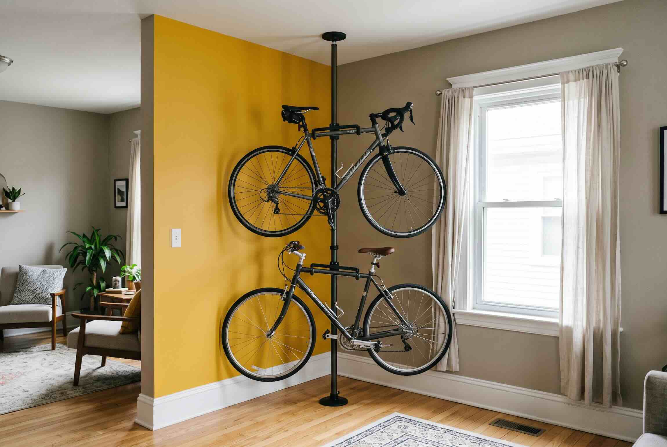 Storing two bicycles stacked vertically on a single floor-to-ceiling tension pole.