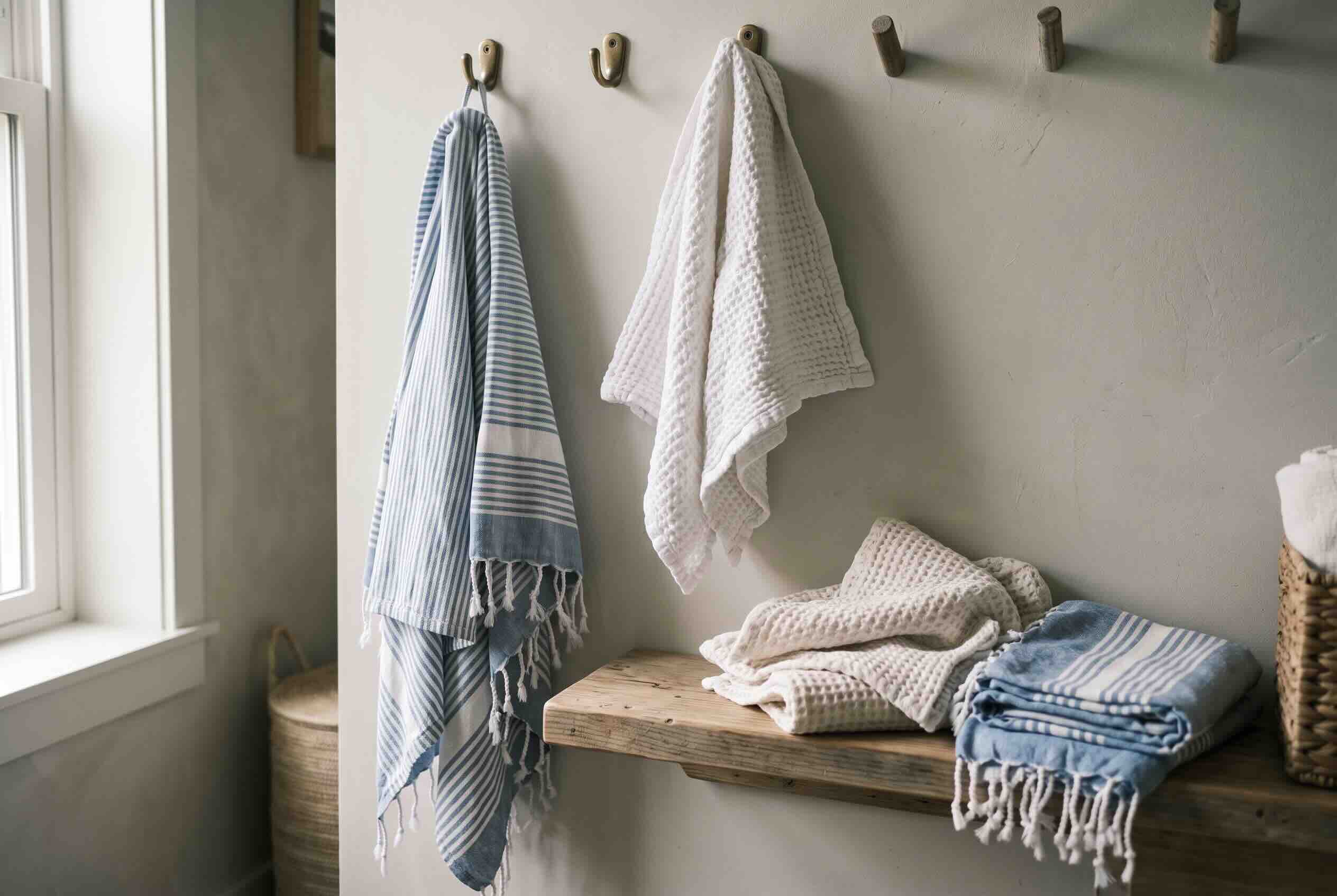 Striped lightweight towels hanging on hooks and folded on a bench.