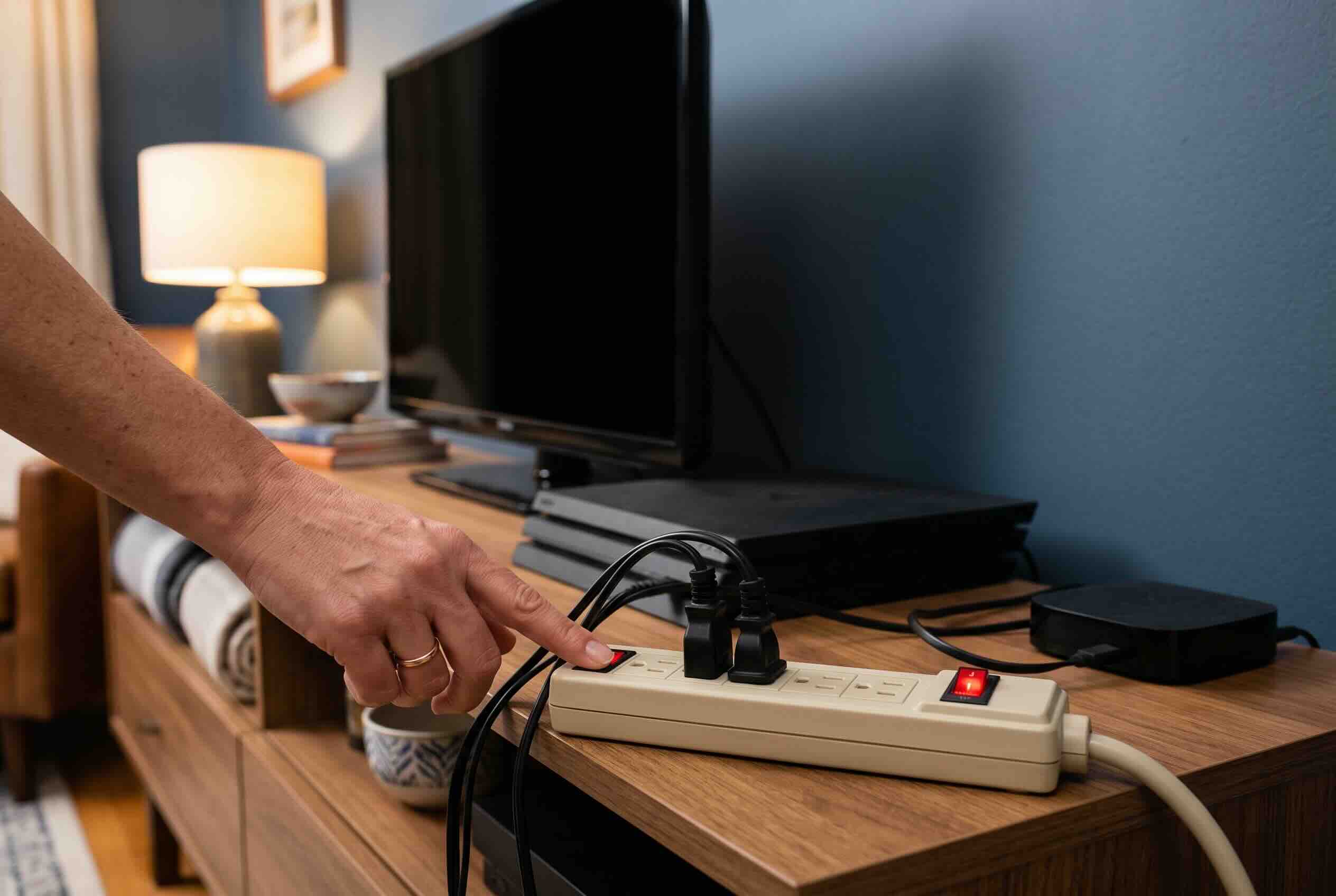 Switching off a power strip connected to a television and electronics.
