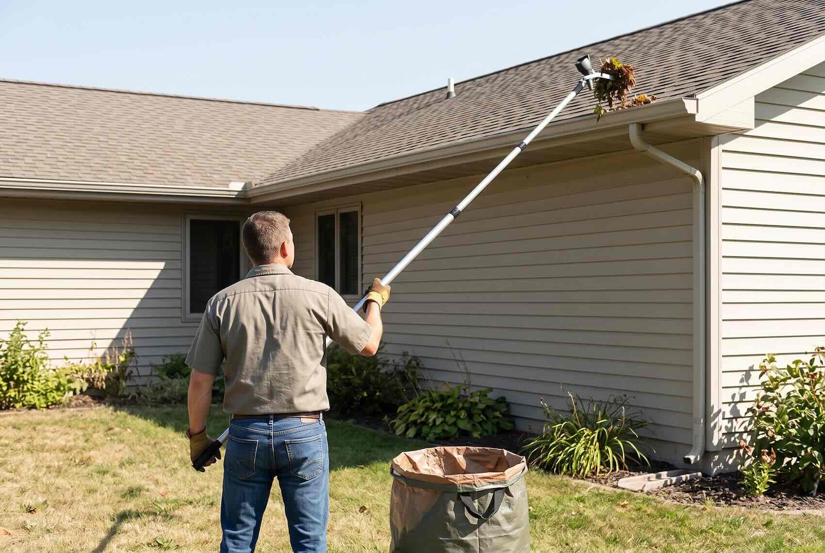 Telescoping tongs grabbing a clump of leaves from a roof edge.