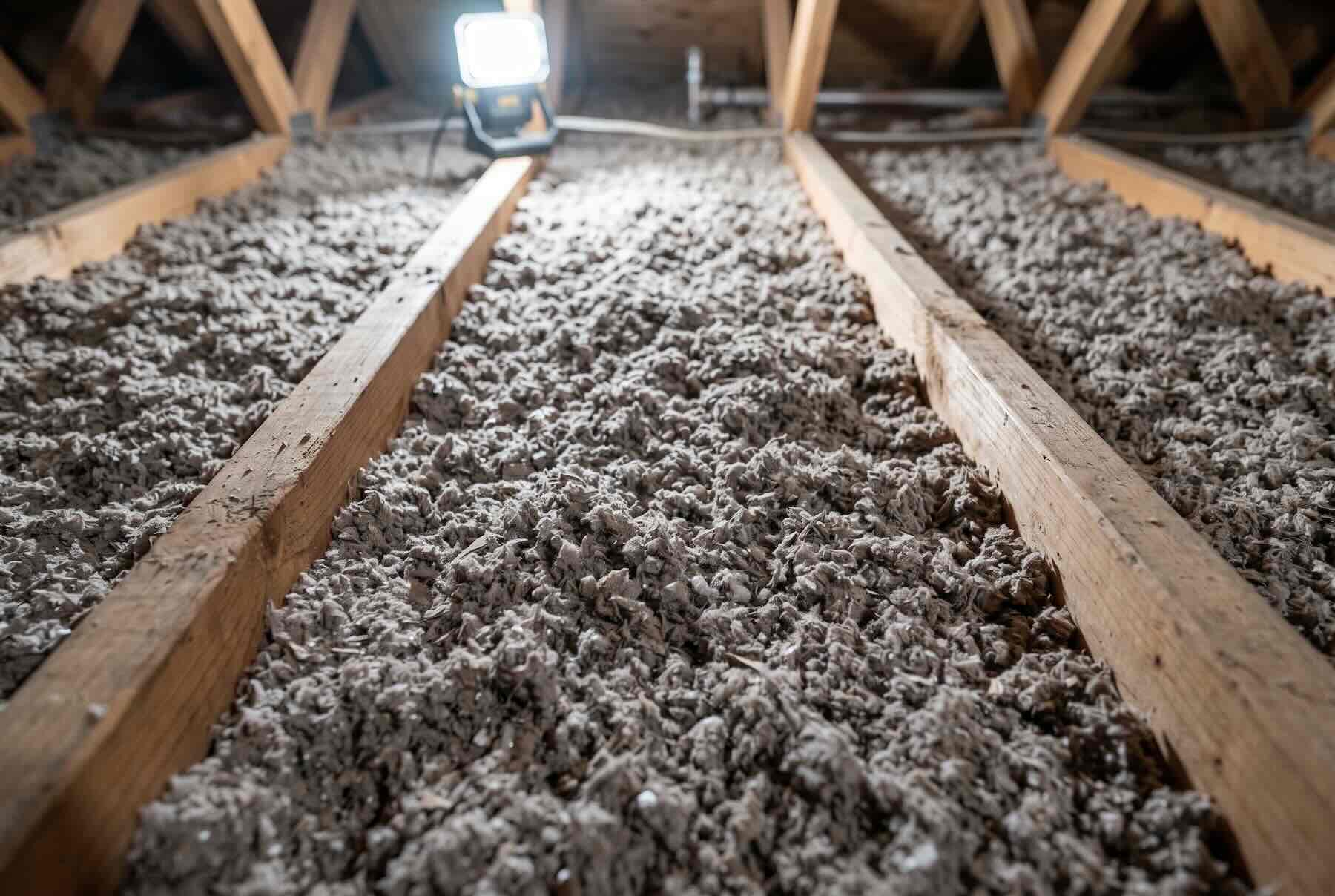 Thick gray loose-fill cellulose insulation evenly covering the floor joists of an attic.