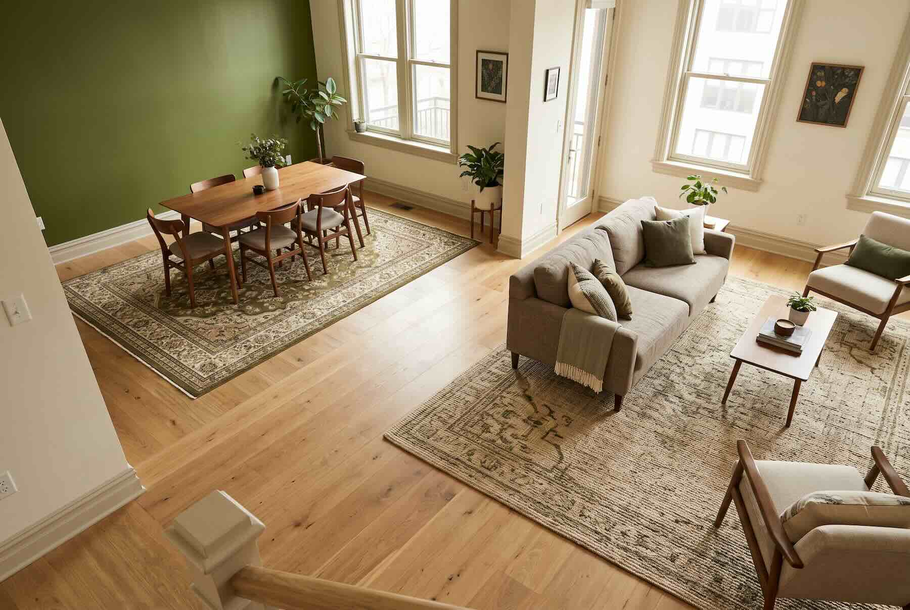 Two distinct rugs defining a dining area and a living room within an open space.