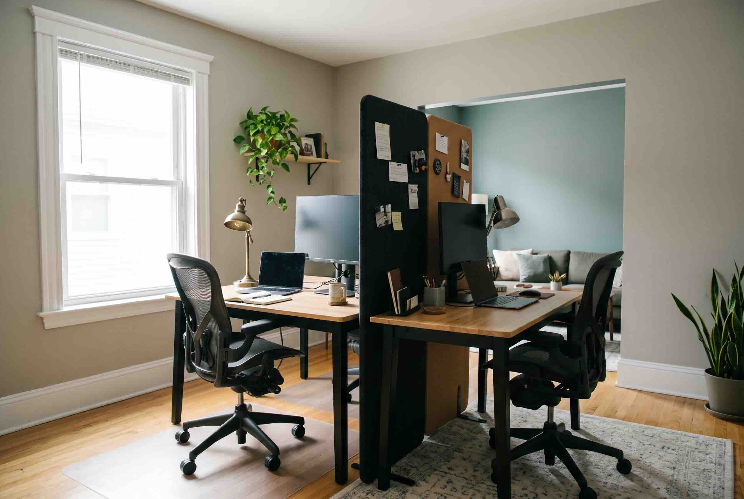 Two home office desks positioned back-to-back and separated by a dark divider screen.