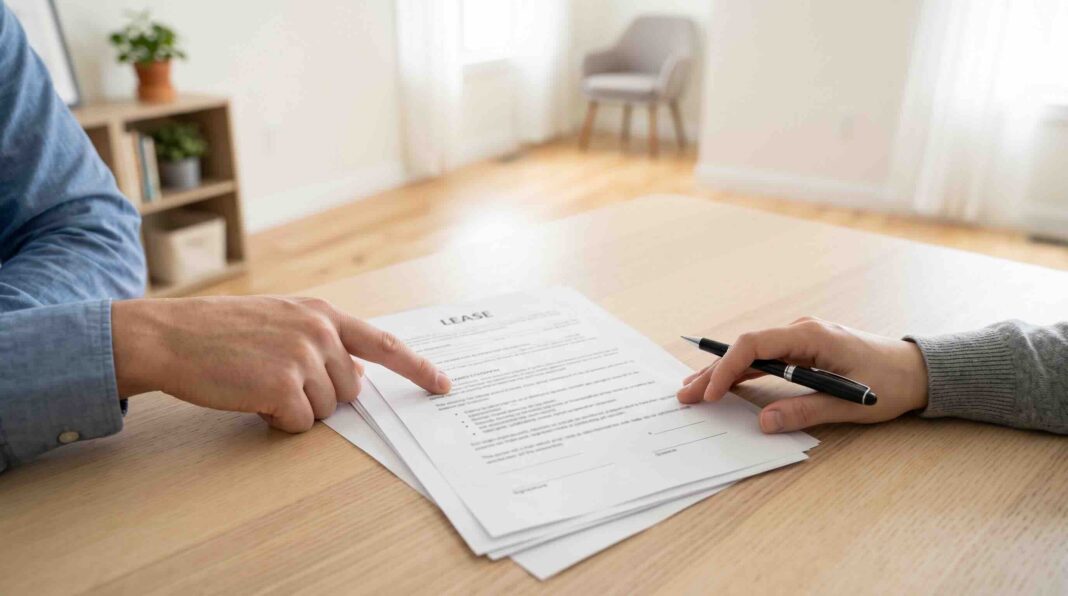 Carefully reviewing a lease agreement before signing.