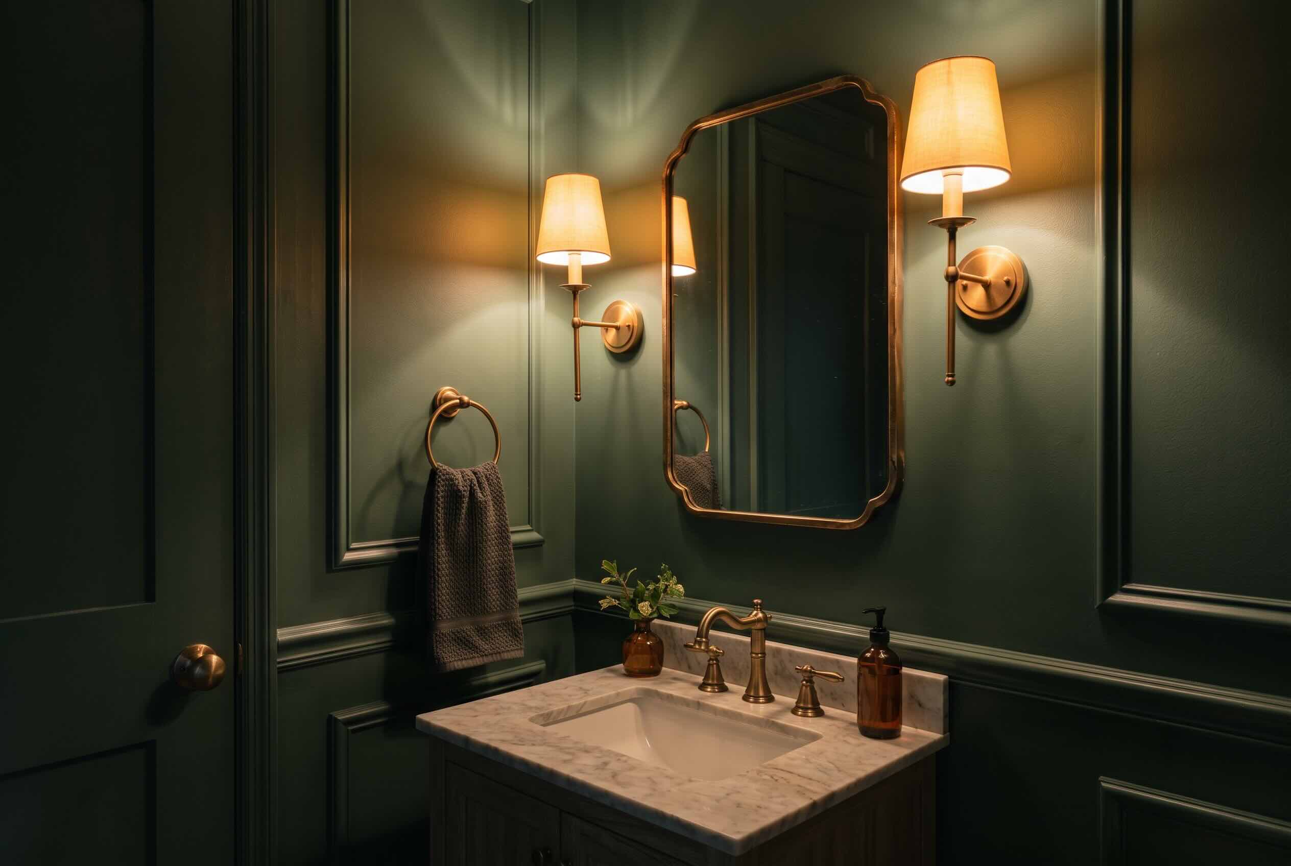Two warm-toned sconces mounted on either side of a gold-framed mirror against dark green paneling.