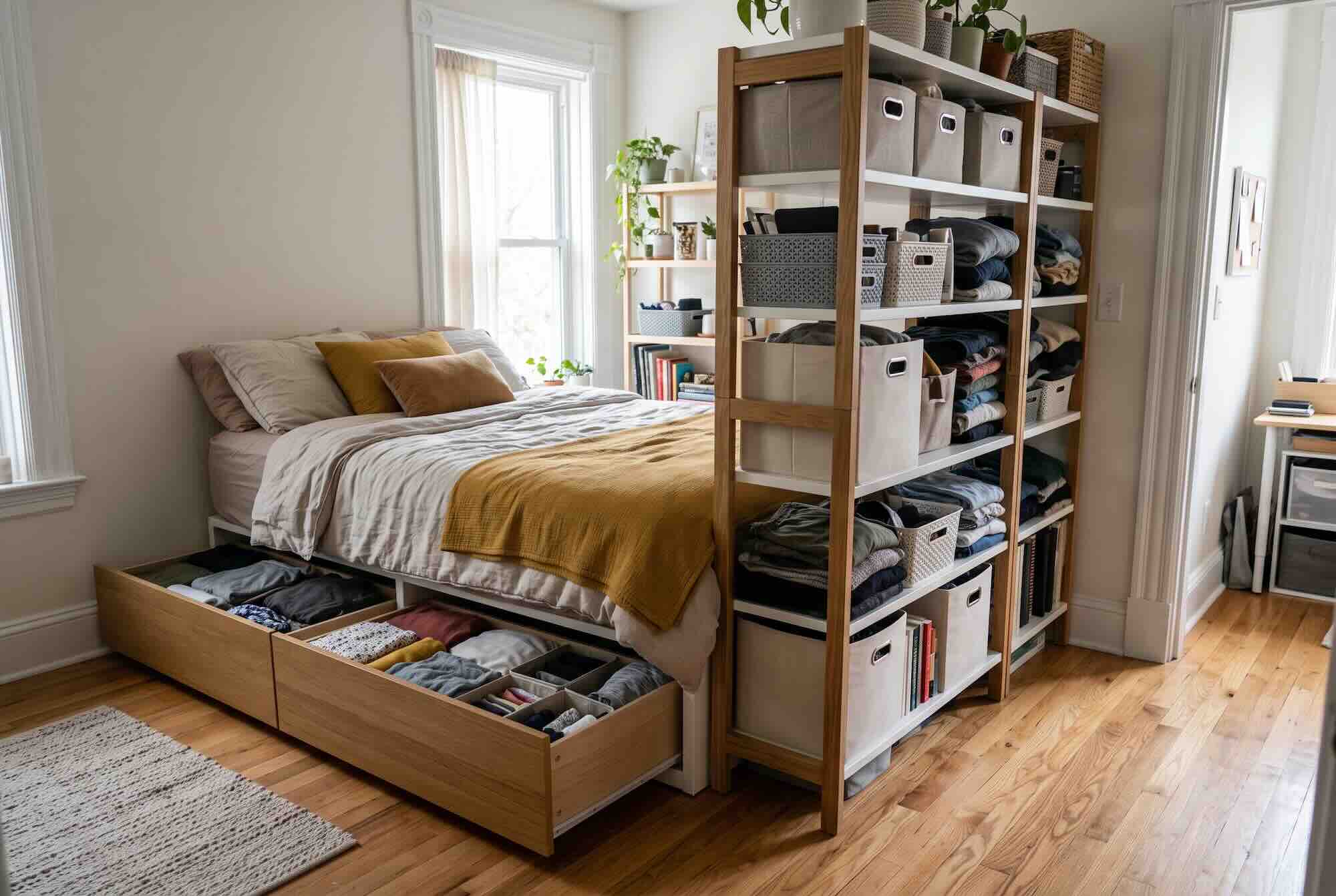 Under-bed storage drawers and a tall shelving unit acting as a room divider.