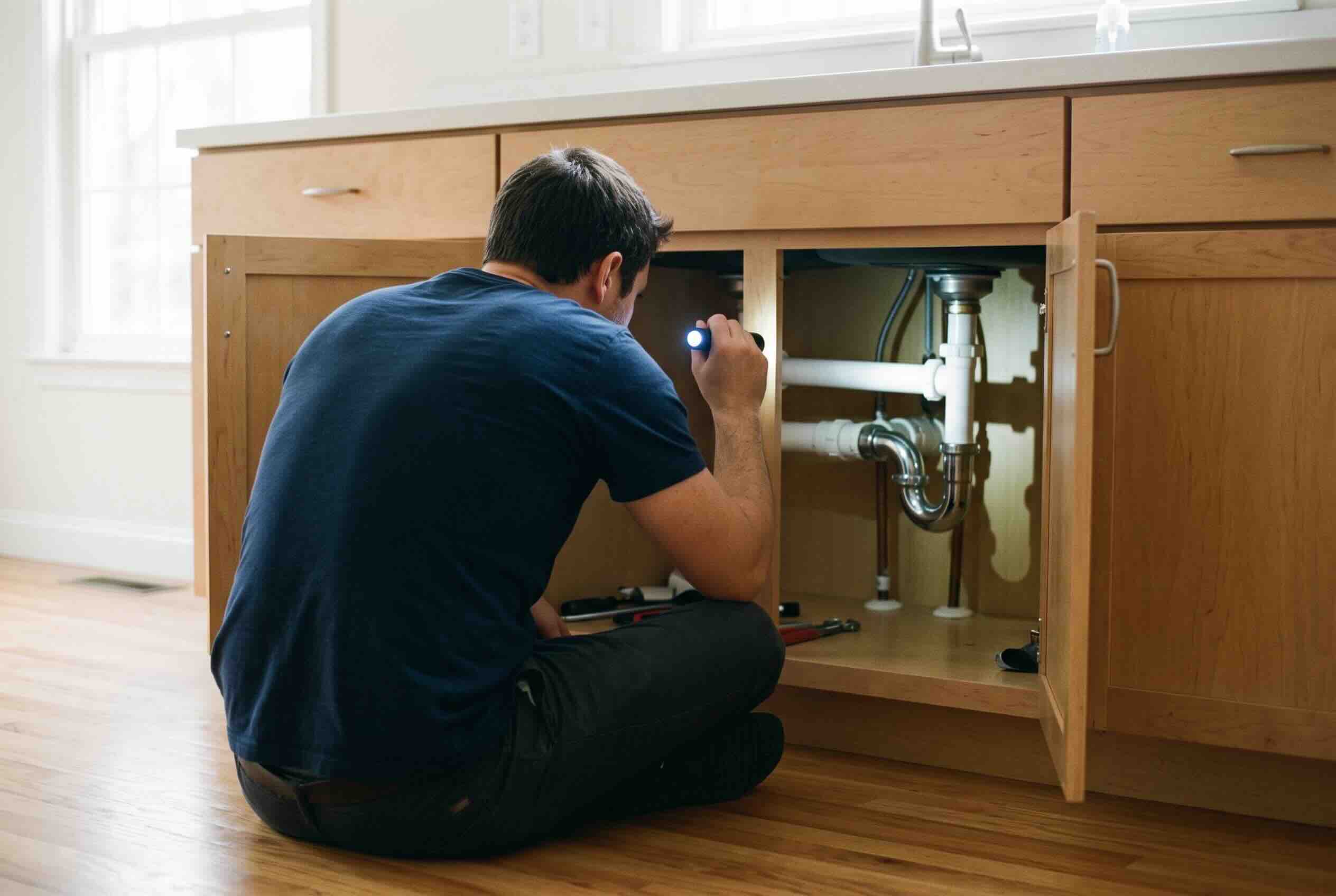 Using a flashlight to inspect plumbing under a kitchen sink.