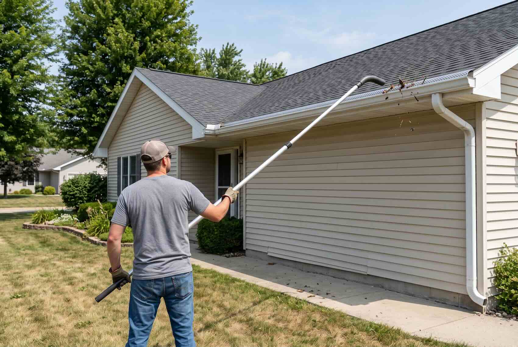 Using a leaf blower with an extension pole to clear gutter debris from the ground.