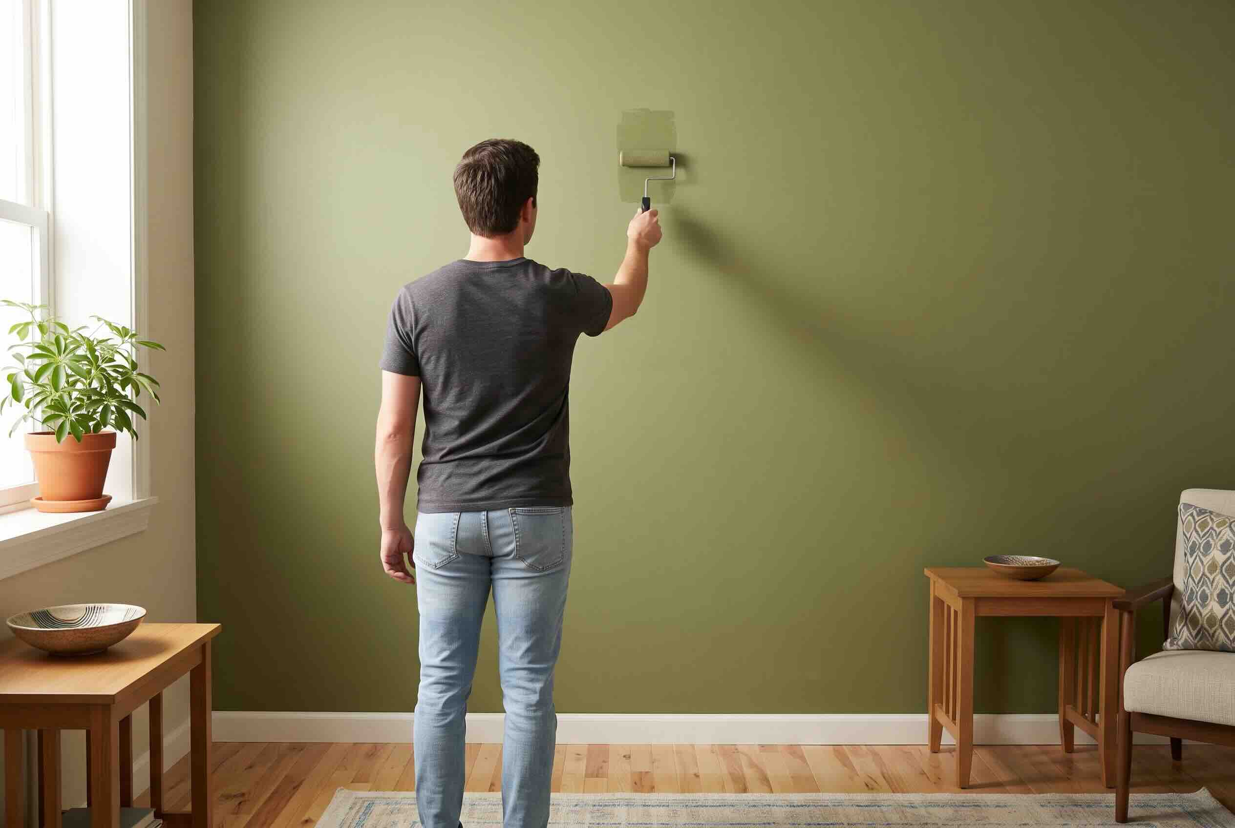 Using a paint roller to apply a fresh coat of green paint to a living room wall.
