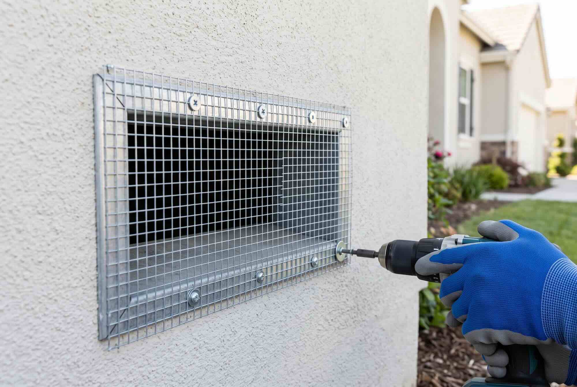 Using a power drill to secure heavy wire hardware cloth over a foundation vent.