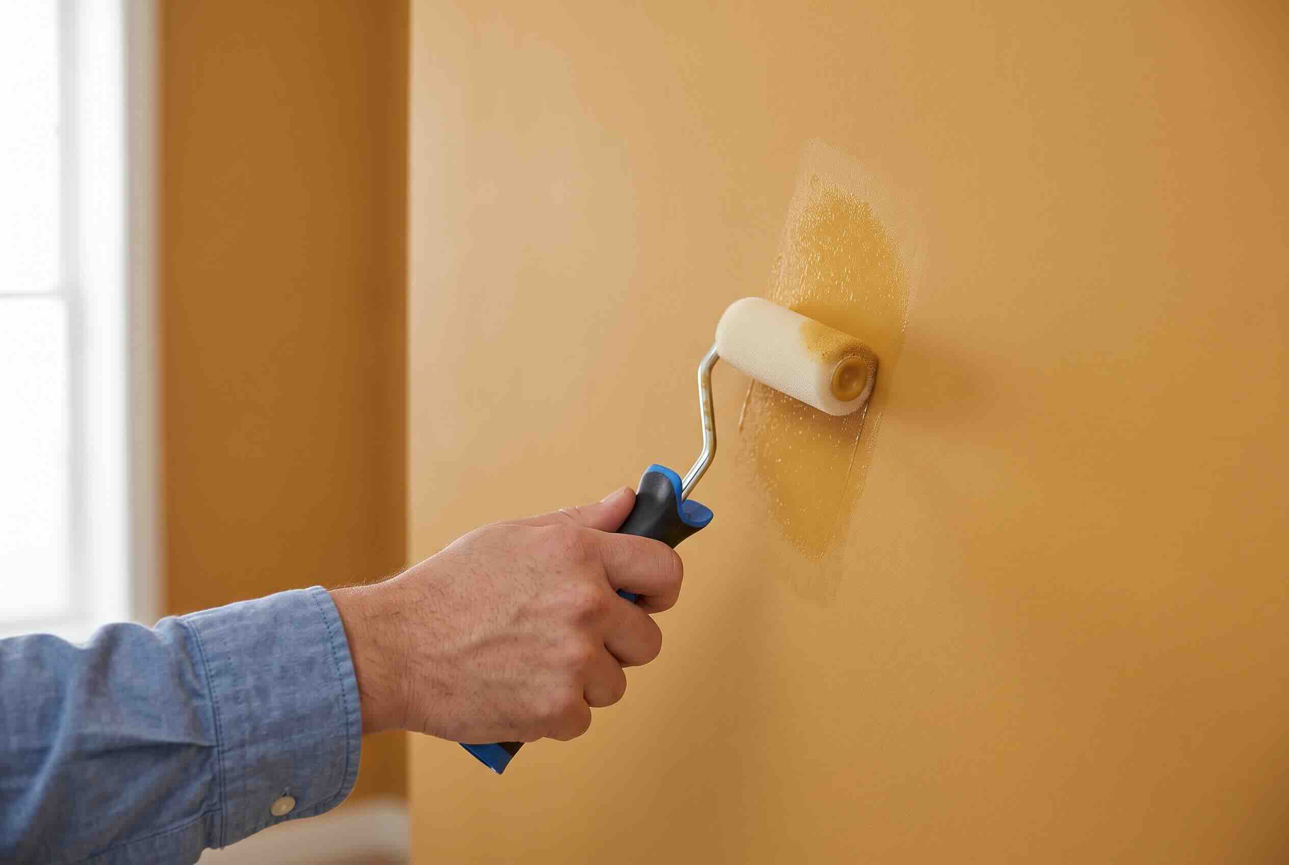 Using a small roller to feather touch-up paint over a wall repair.