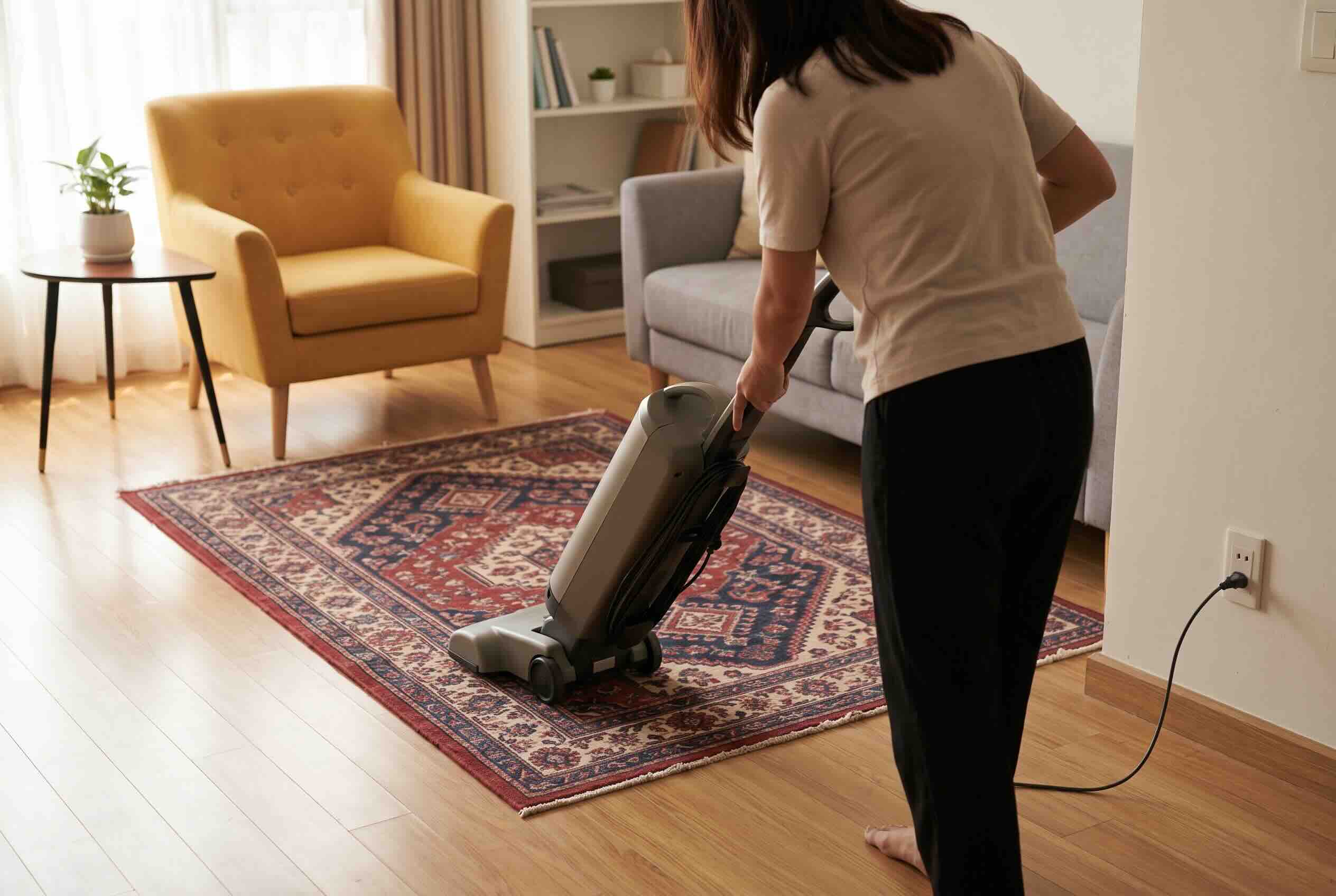 Vacuuming an area rug with an upright vacuum cleaner.