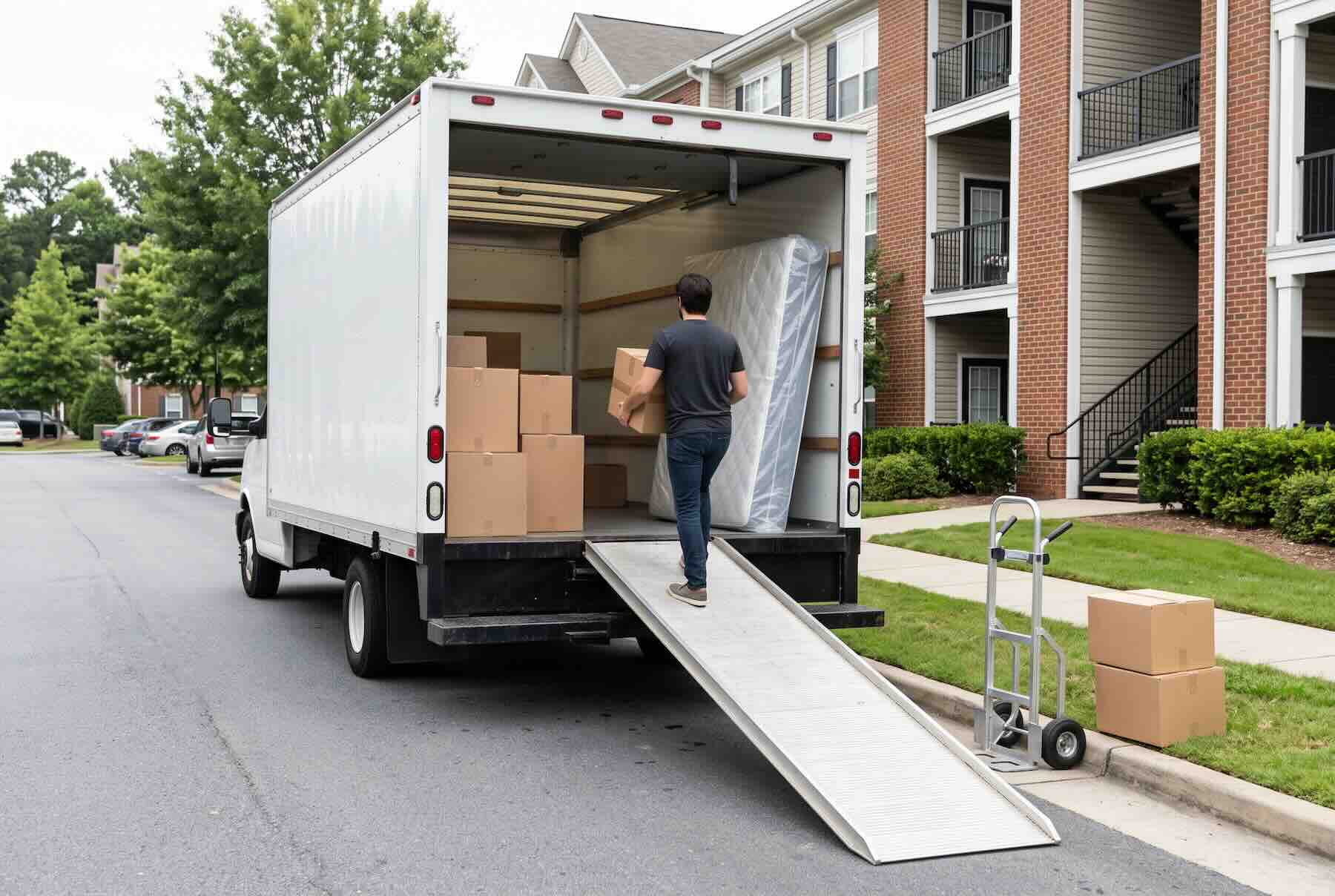 Walking up a loading ramp carrying a large boxed mattress into the back of a moving truck.