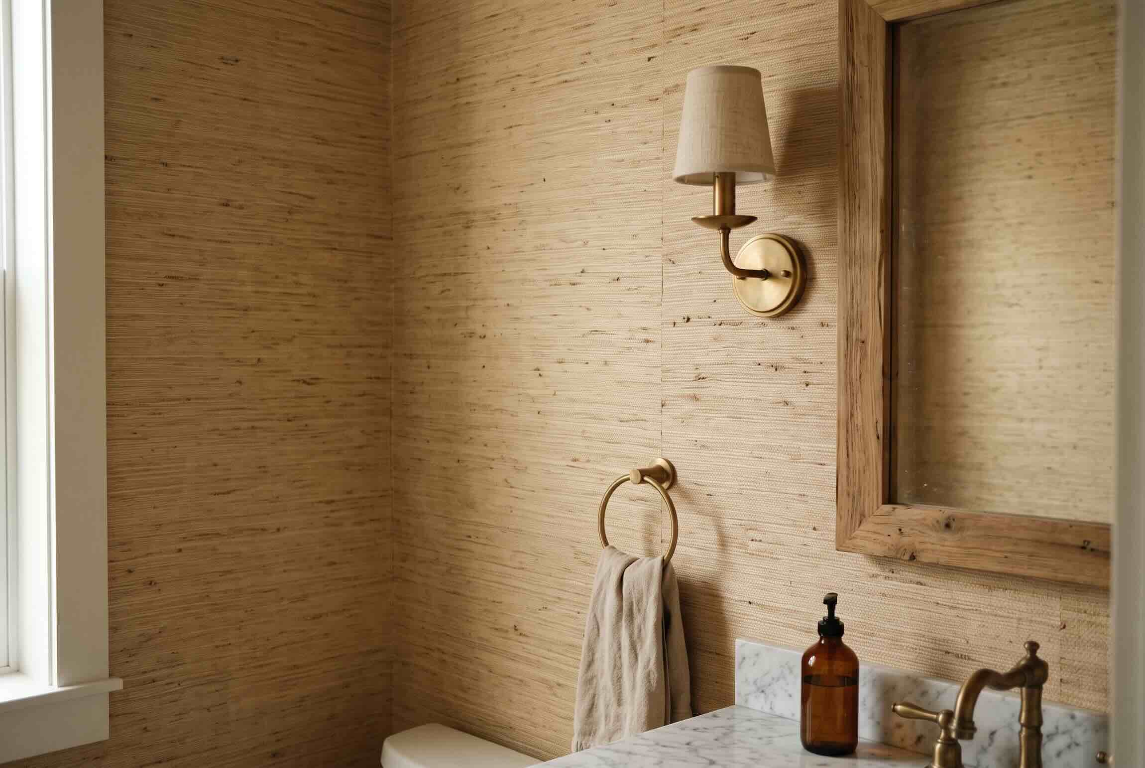 Warm grasscloth wallpaper paired with a brass sconce and marble sink.