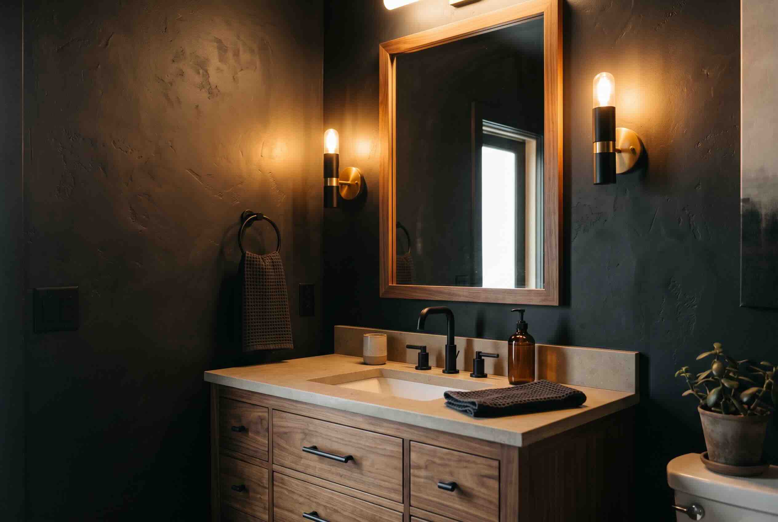 Warm-toned sconces illuminating a wooden vanity against dark, textured bathroom walls.