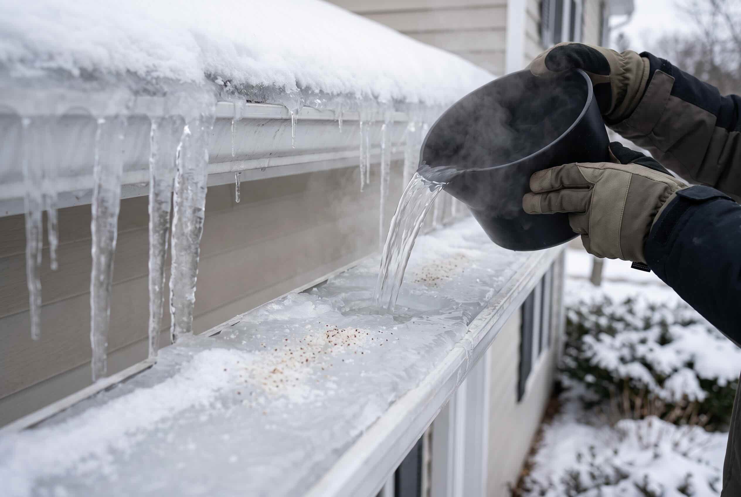 Warm water poured from a dark pot onto a solid sheet of ice inside a gutter.