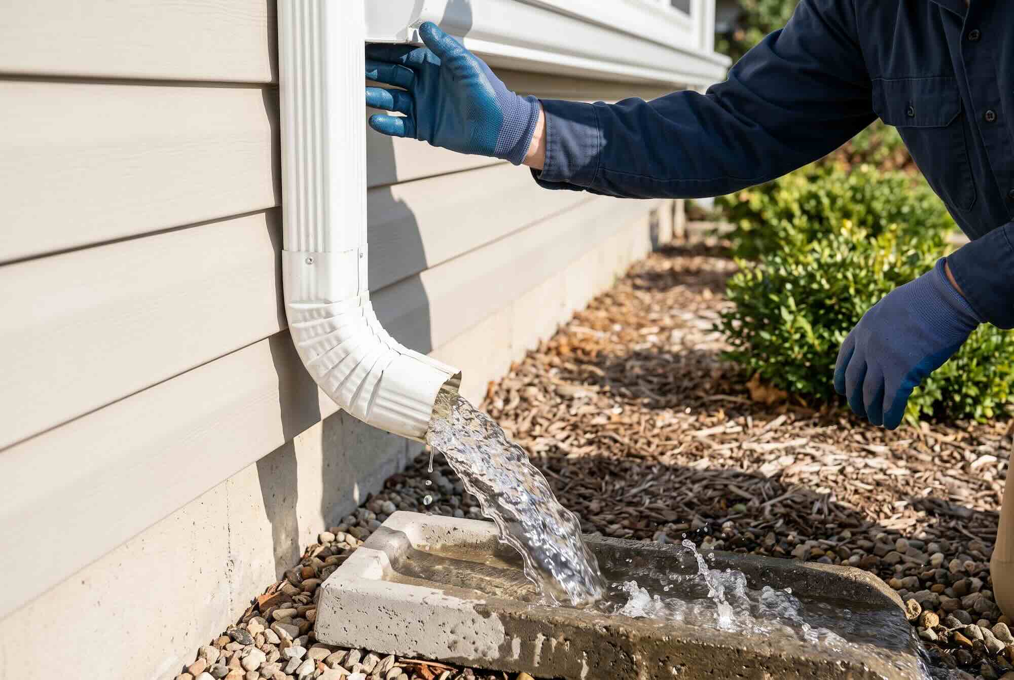 Water flowing heavily out of a white downspout onto a concrete splash block.