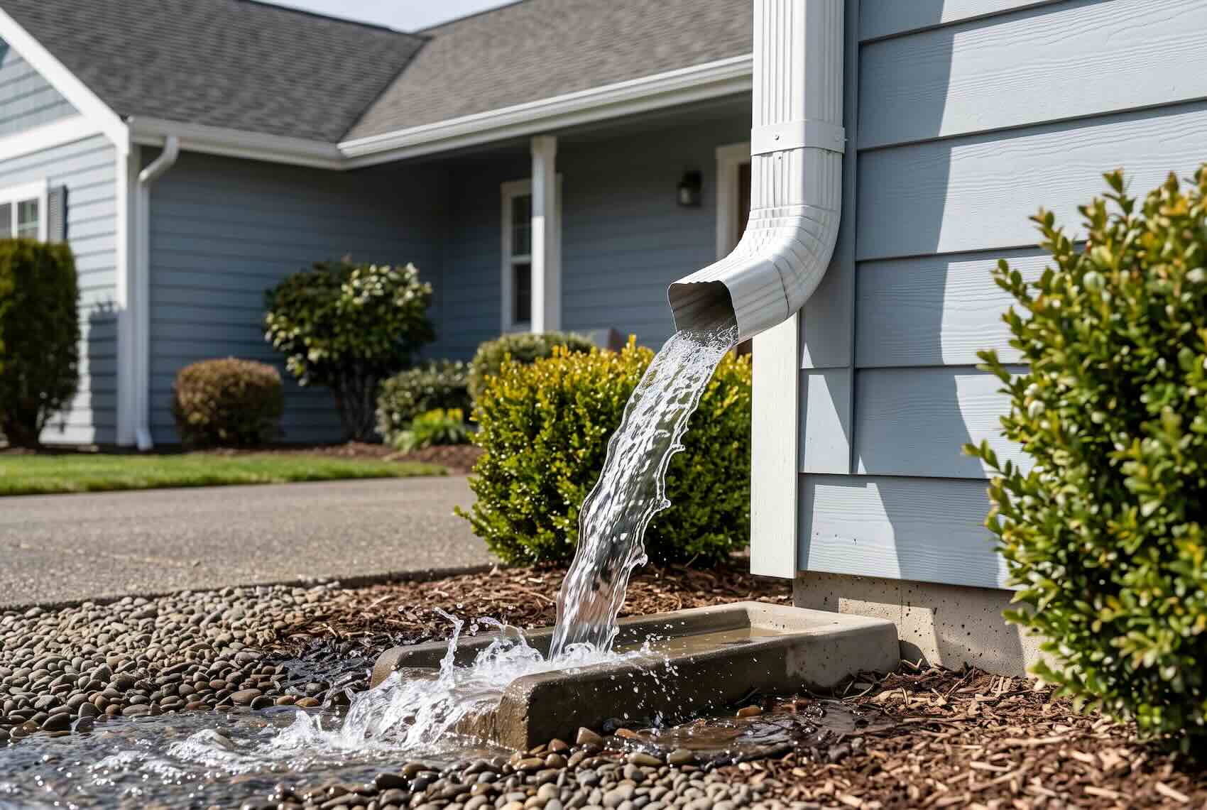Water pouring forcefully out of a downspout onto a splash block after a rainstorm.