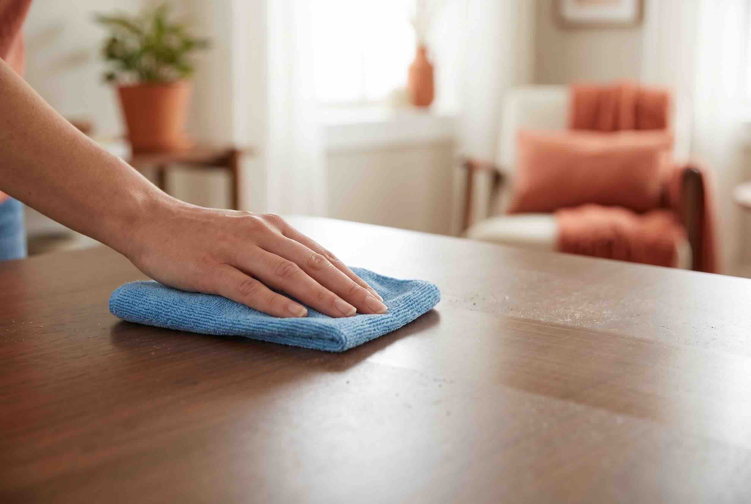 Wiping a wooden table with a damp microfiber cloth.