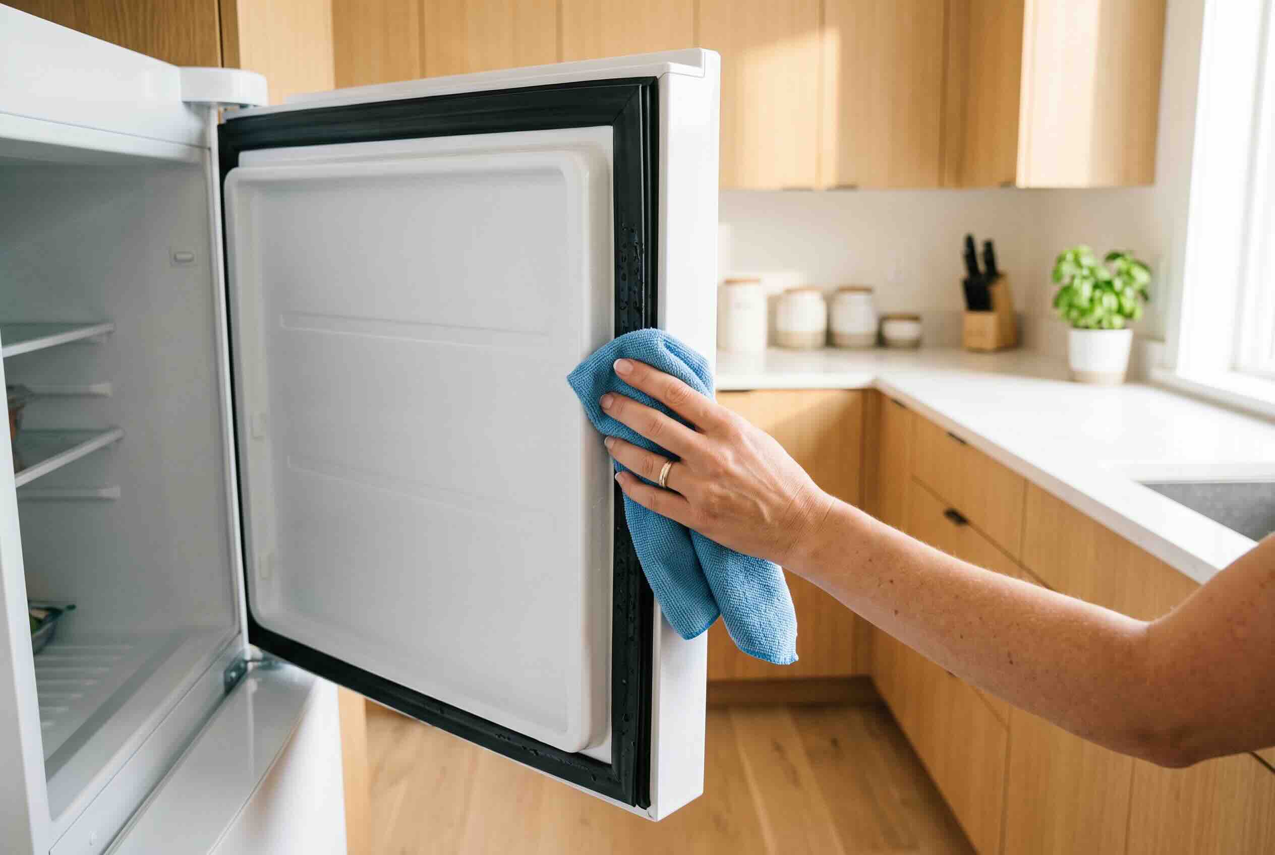 Wiping the rubber seal of an open refrigerator door with a microfiber cloth.